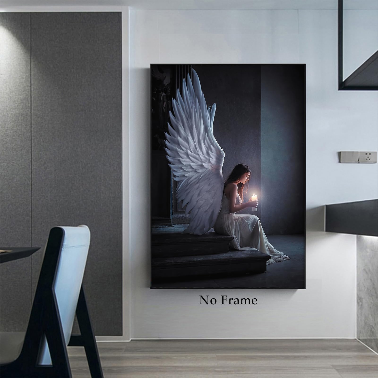 White Angel Painting - Modern Black & White Angel Wings Poster, Praying Woman Wall Art, Dark Blue Abstract Canvas Art (16x24in Unframed) - Perfect for Home Decor, Bedroom Aesthetic & Spiritual Spaces
