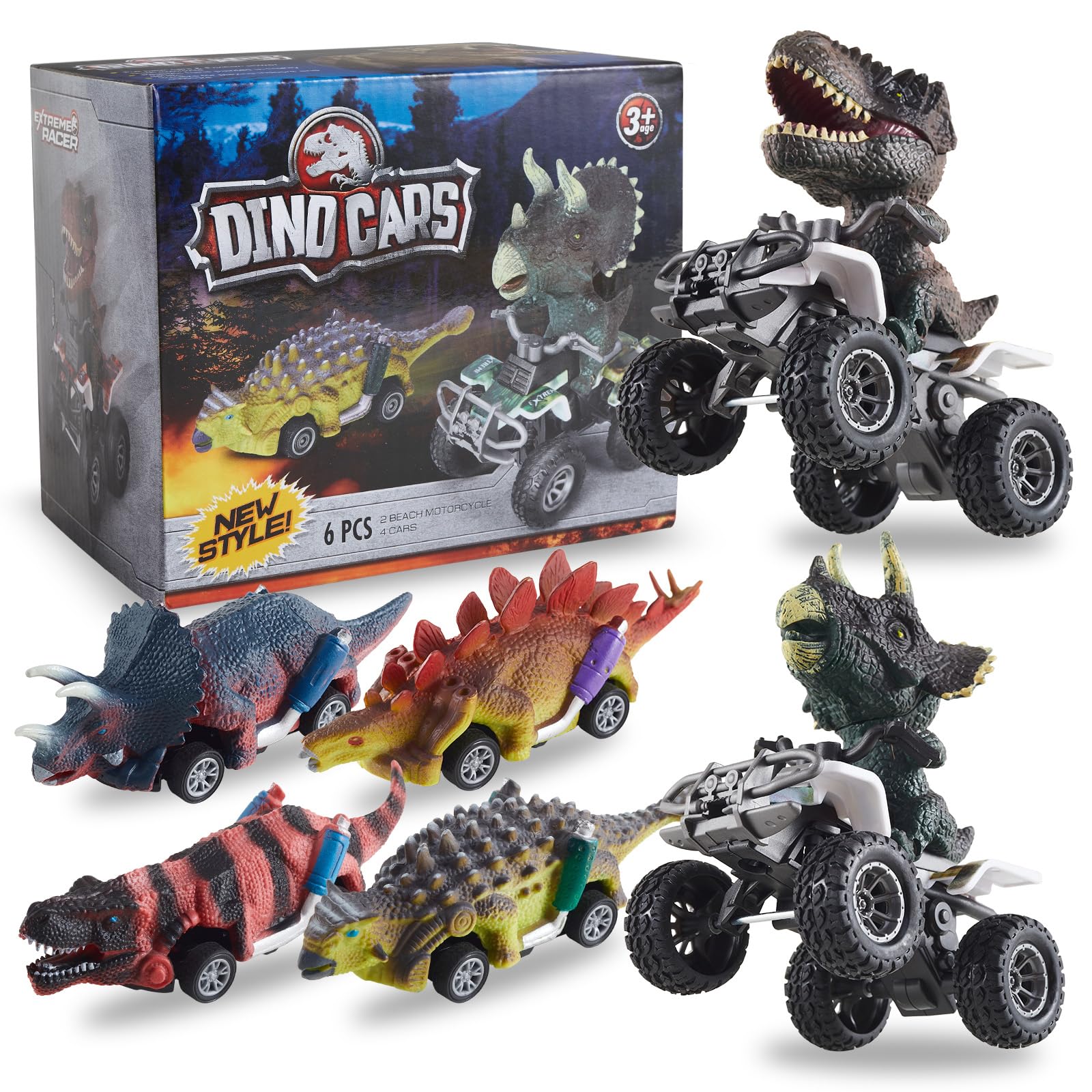 6 Pack Pull Back Dinosaur Cars Toy Set - Inertial Motor Vehicles for Kids Ages 3-8 | Perfect Birthday & Christmas Gift for Boys & Girls | Fun Playtime & Party Favor Toy