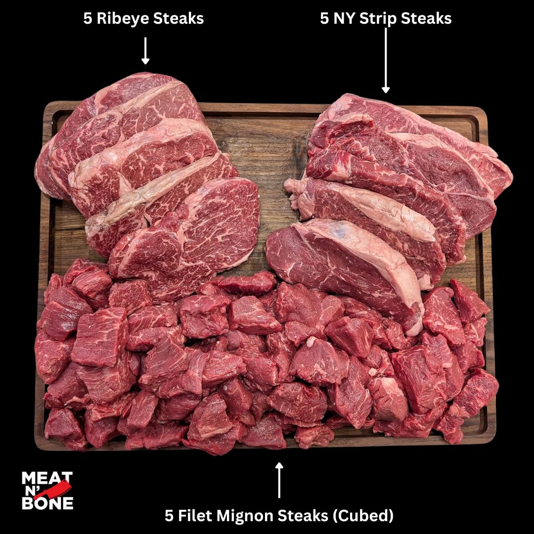 Premium Beef Steak Bundle - 5 Entrecôte, 5 Petit NY Strip Steaks & 5 Filet Mignon Cubes | Hand-Trimmed Restaurant Quality Meat for Grilling, Pan Searing & BBQ | Perfect for Family Dinners, Special Occasions & Outdoor Cooking