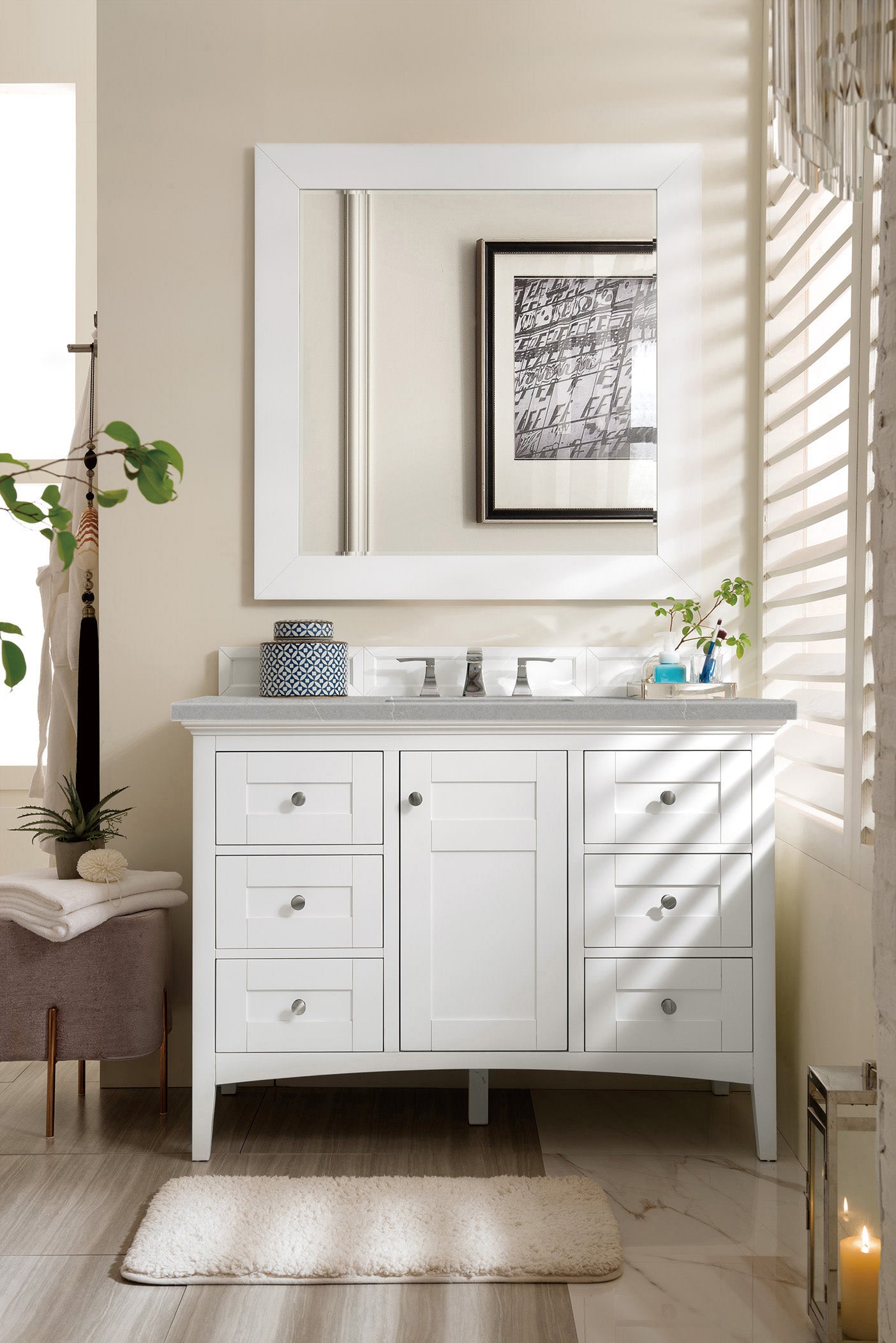 Palisades 48 Inch Single Bathroom Vanity Set with 3CM Eternal Serena Quartz Countertop in Bright White - Perfect for Modern Master Bathrooms & Guest Bathroom Remodels