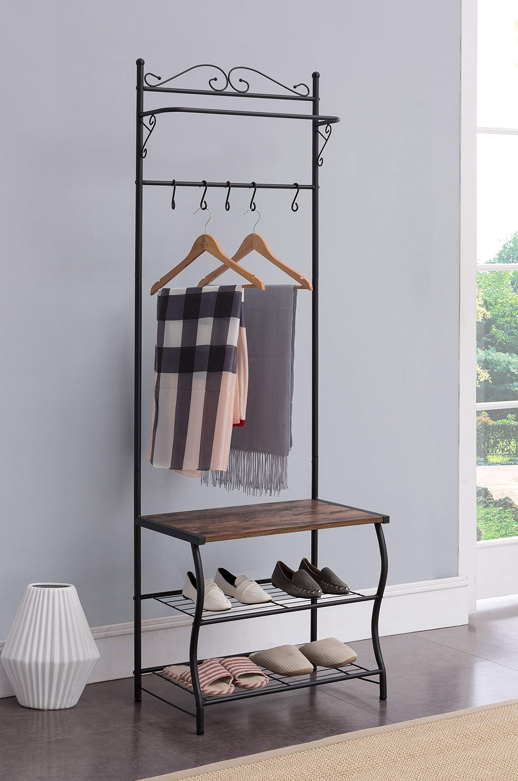 Kings Brand Furniture - Entryway Shoe Bench with Coat Rack & Storage Organizer | Hall Tree with Hooks for Shoes, Jackets & Bags | Perfect for Mudroom, Foyer & Small Space Organization
