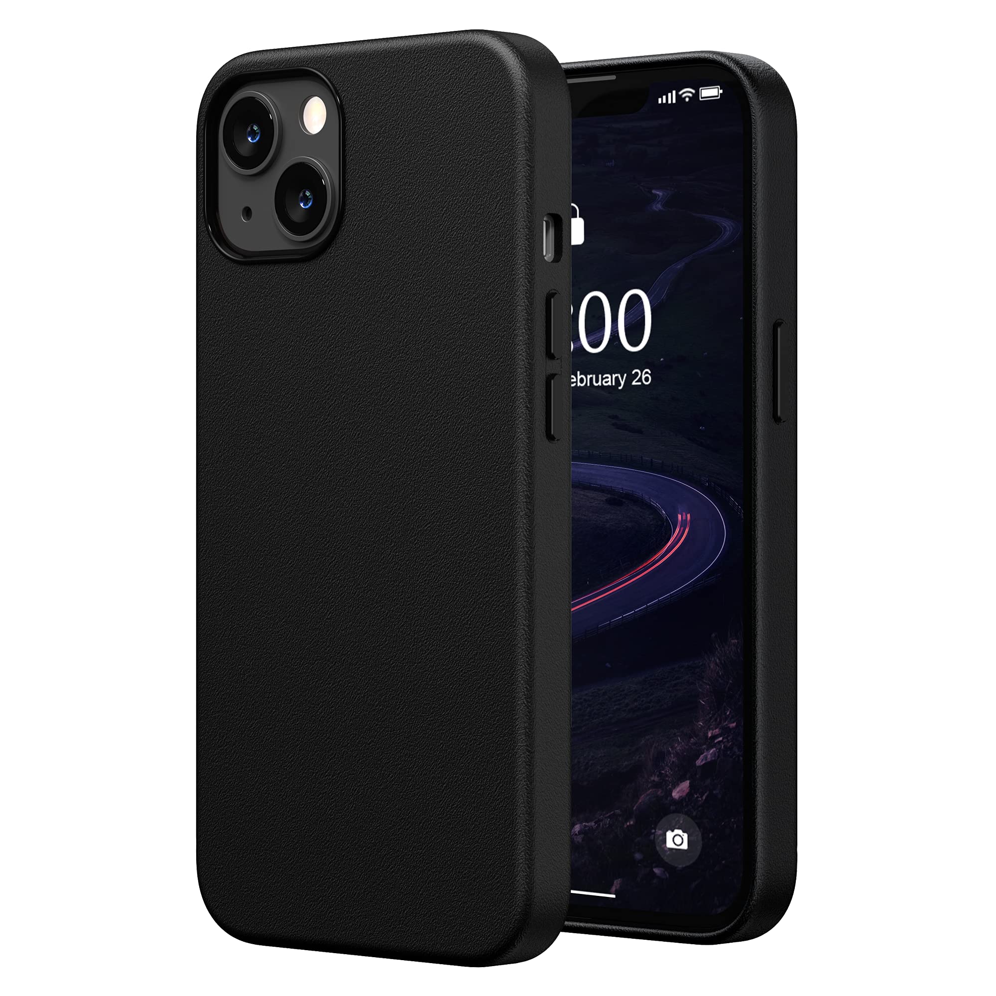 SURPHY Faux Leather iPhone 13 Case (6.1 inch 2021) - Premium PU Leather Phone Cover with Metallic Buttons & Soft Microfiber Lining | Slim Protective Case for Work, Travel & Everyday Use (Black)