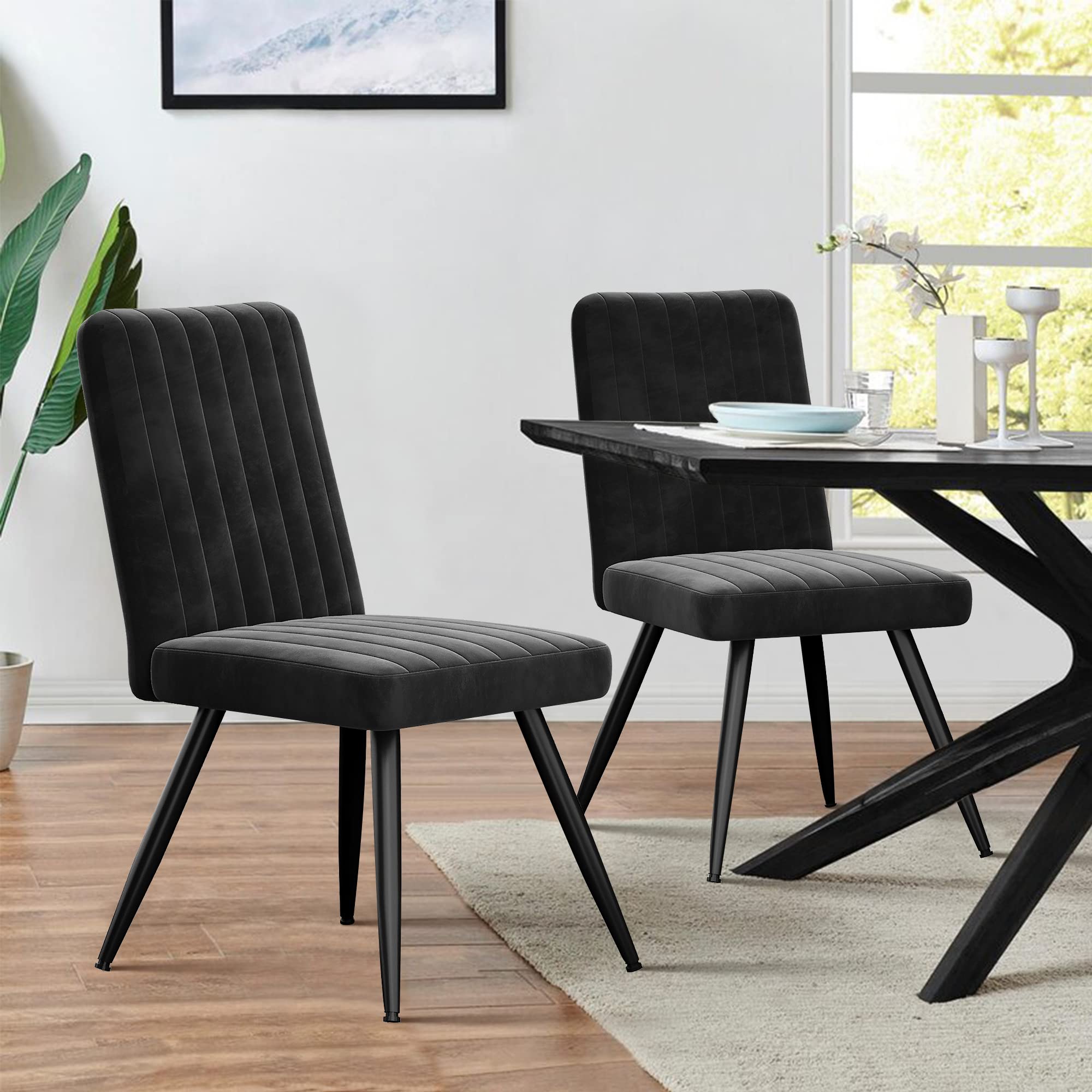 Modern Velvet Dining Chairs Set of 2 - Upholstered Mid Century Kitchen Accent Chairs with Metal Legs, Armless Leisure Chairs for Living Room, Office Desk or Dining Area - Black | Perfect for Small Spaces, Apartments and Contemporary Home Decor