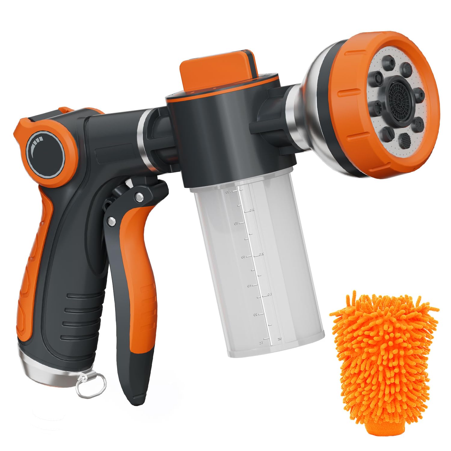 **Heavy Duty Metal Garden Hose Nozzle - 8 Spray Patterns High Pressure Water Nozzle for Dog Washing, Car Cleaning, Plant Watering | Includes Soap Dispenser & Car Wash Mitt | Perfect for Outdoor Cleaning, Pet Care & Vehicle Maintenance**