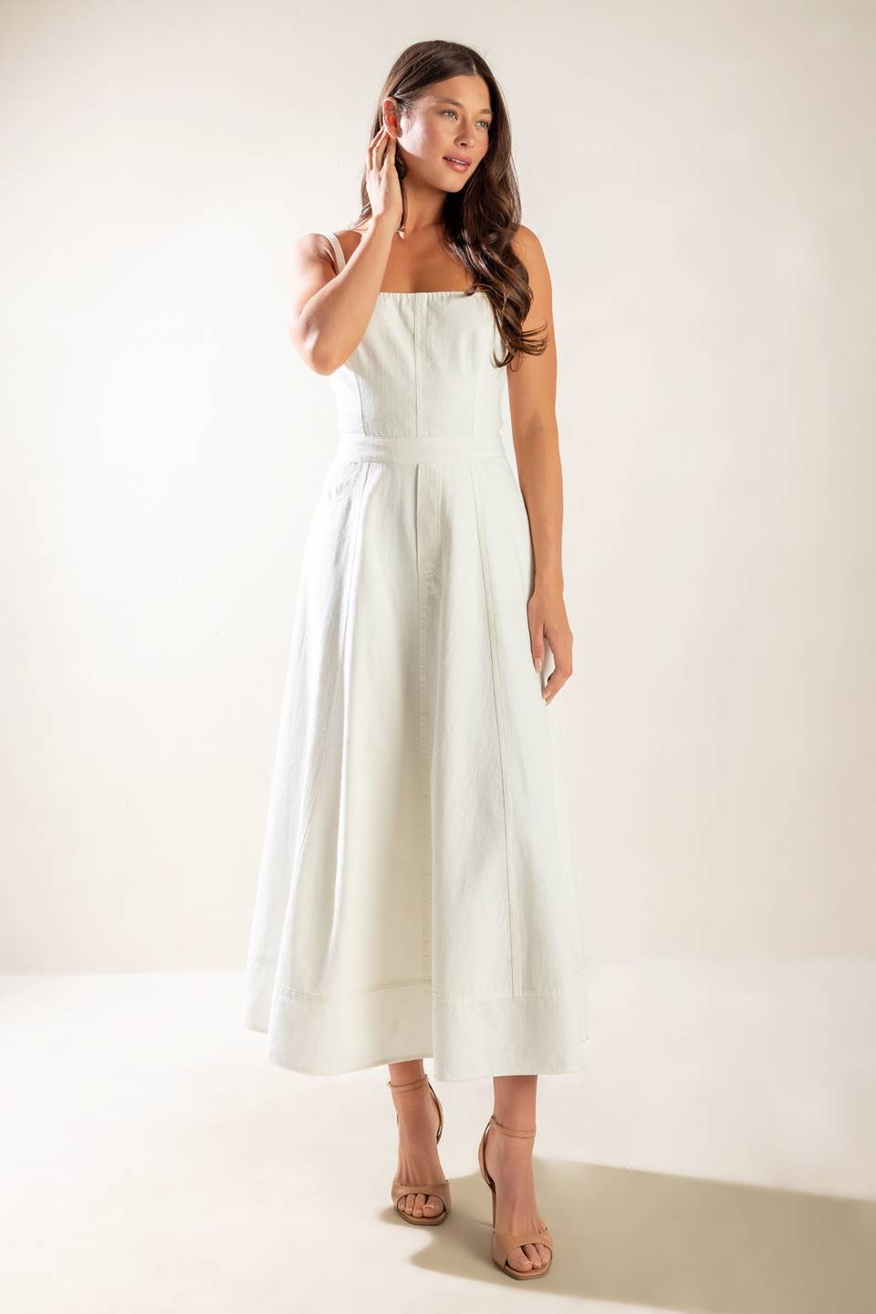 LET'S GO FOR A WALK White Lace Up Back Midi Dress - Perfect for Brunch, Date Night & Summer Weddings