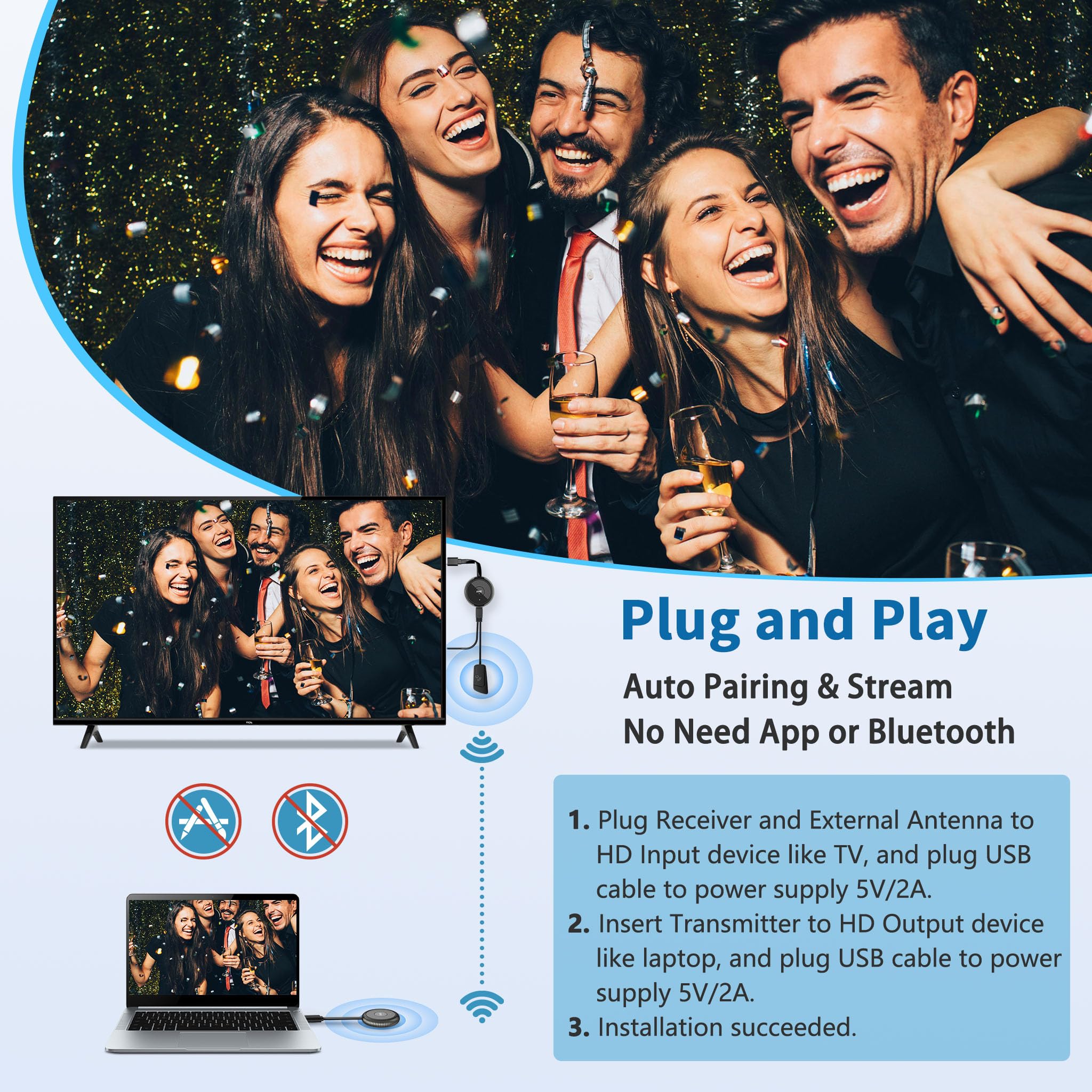 4K/5G Wireless HDMI Transmitter & Receiver - Plug & Play Streaming for Phone, Laptop, Camera, PC to TV/Monitor/Projector (165ft Range) | Perfect for Home Theater, Office Presentations & Gaming Setups