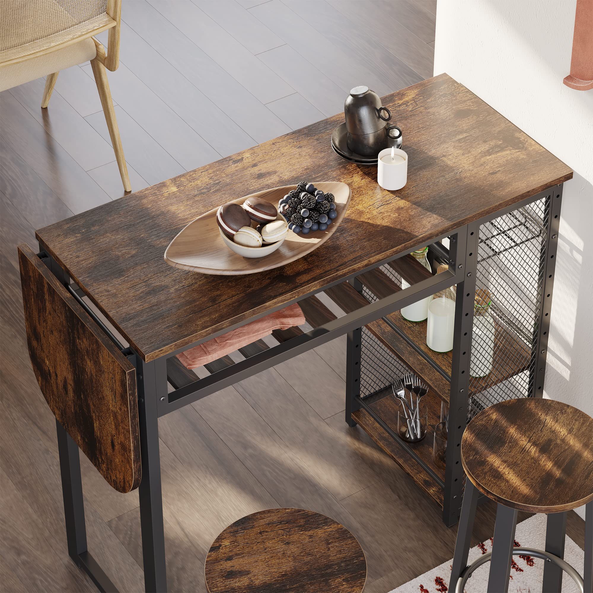 Bestier Expandable Bar Table and Chair Set with 2 Bar Stools, Industrial Kitchen Counter with Wine Rack & 3-Tier Adjustable Storage Shelves - Rustic Brown - Perfect for Small Spaces, Dining Rooms, Kitchen Islands, and Home Bars