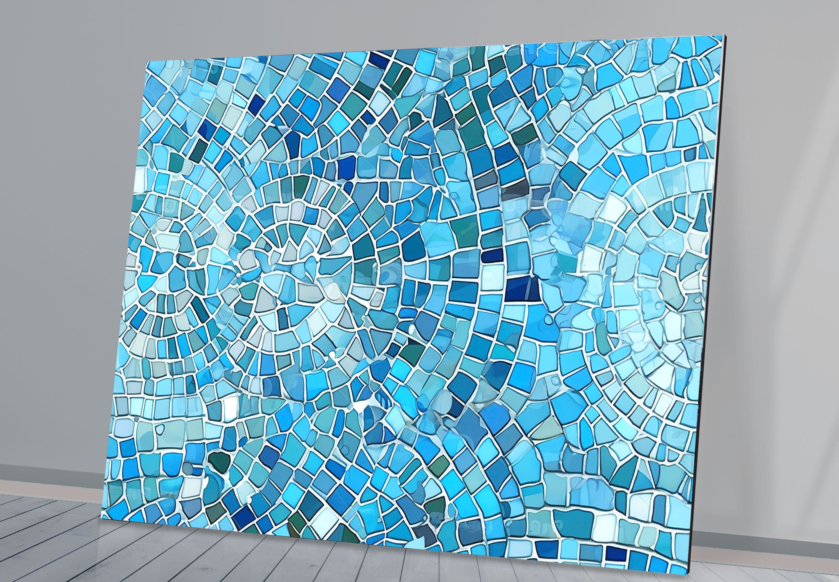 Aqua Blue Mosaic Glass Wall Art - Coastal Geometric Bathroom Decor for Spa, Beach House & Home - Perfect for Bathroom, Living Room, Bedroom Wall Decor