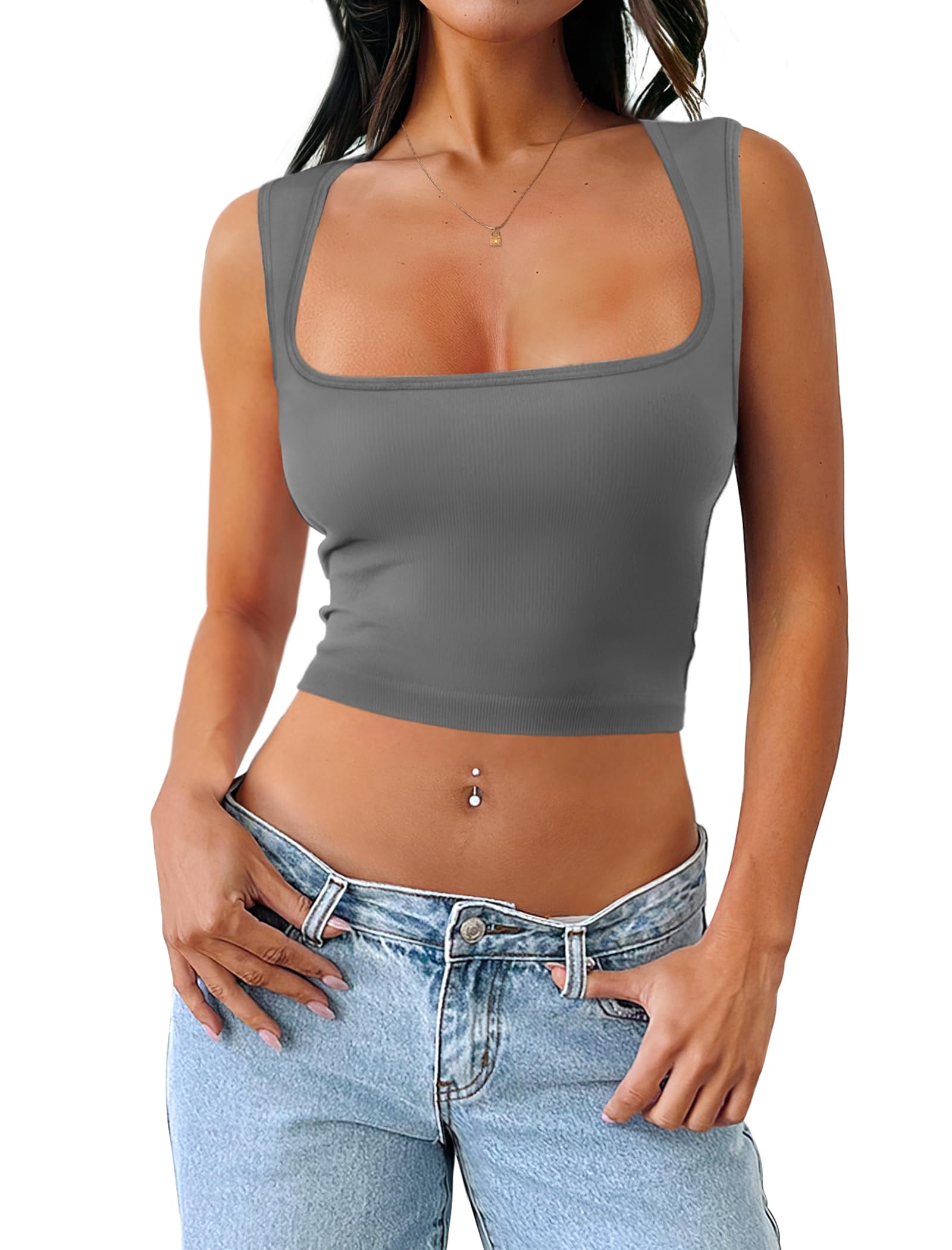 Trendy SAMPEEL Women's Square Neck Sleeveless Seamless Crop Tank Top - Perfect for Summer Outfits, Beachwear & Casual Going Out Looks
