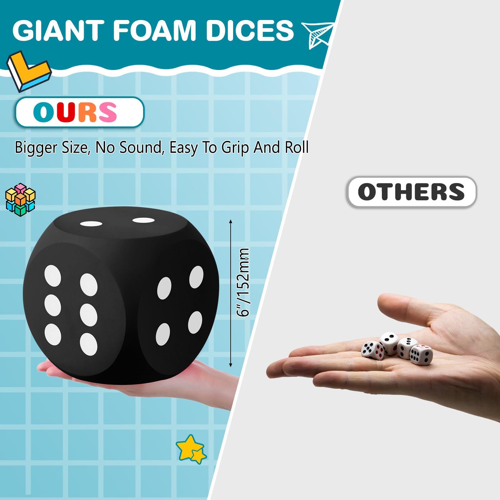 Shappy 6 Inch Large Foam Dice - Fun Educational Toy for Game Nights, Learning Activities, and Decor (Black, 1 Piece) - Perfect for Family Game Nights, Classroom Learning, and Party Decorations