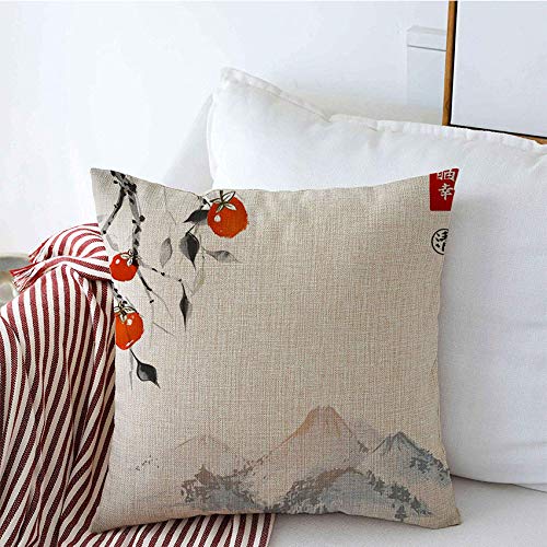 16x16 Inch Sumie Plum Tree Calligraphy Throw Pillow Cover - Ink Wash Persimmon Fruit Nature Sky Design, Linen Square Cushion Case for Sofa, Couch & Car Decor | Perfect for Living Room, Bedroom & Travel