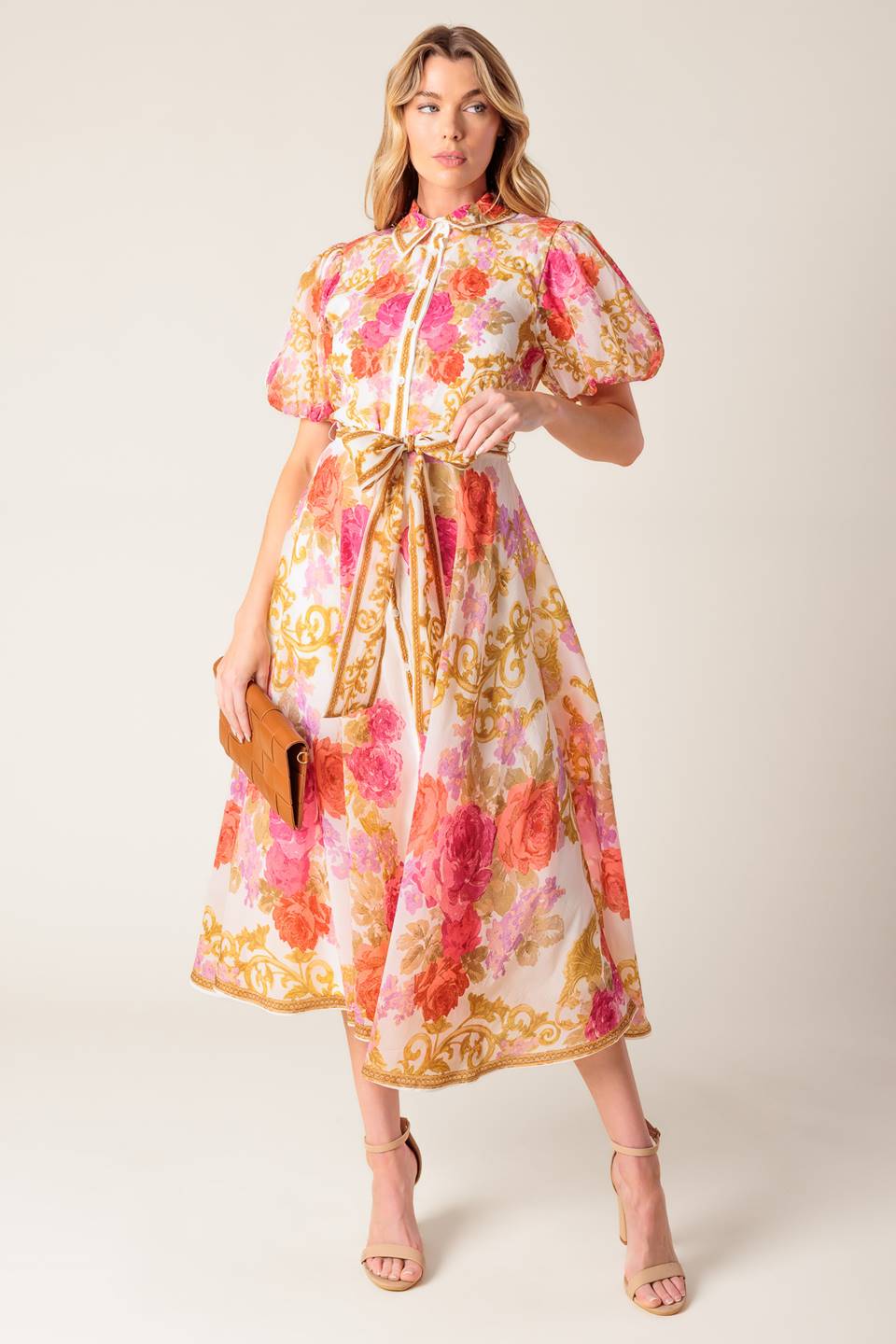 Floral Elegance Puff Sleeve Midi Dress for Women - Vintage Floral Print Summer Dress for Parties, Weddings & Date Nights