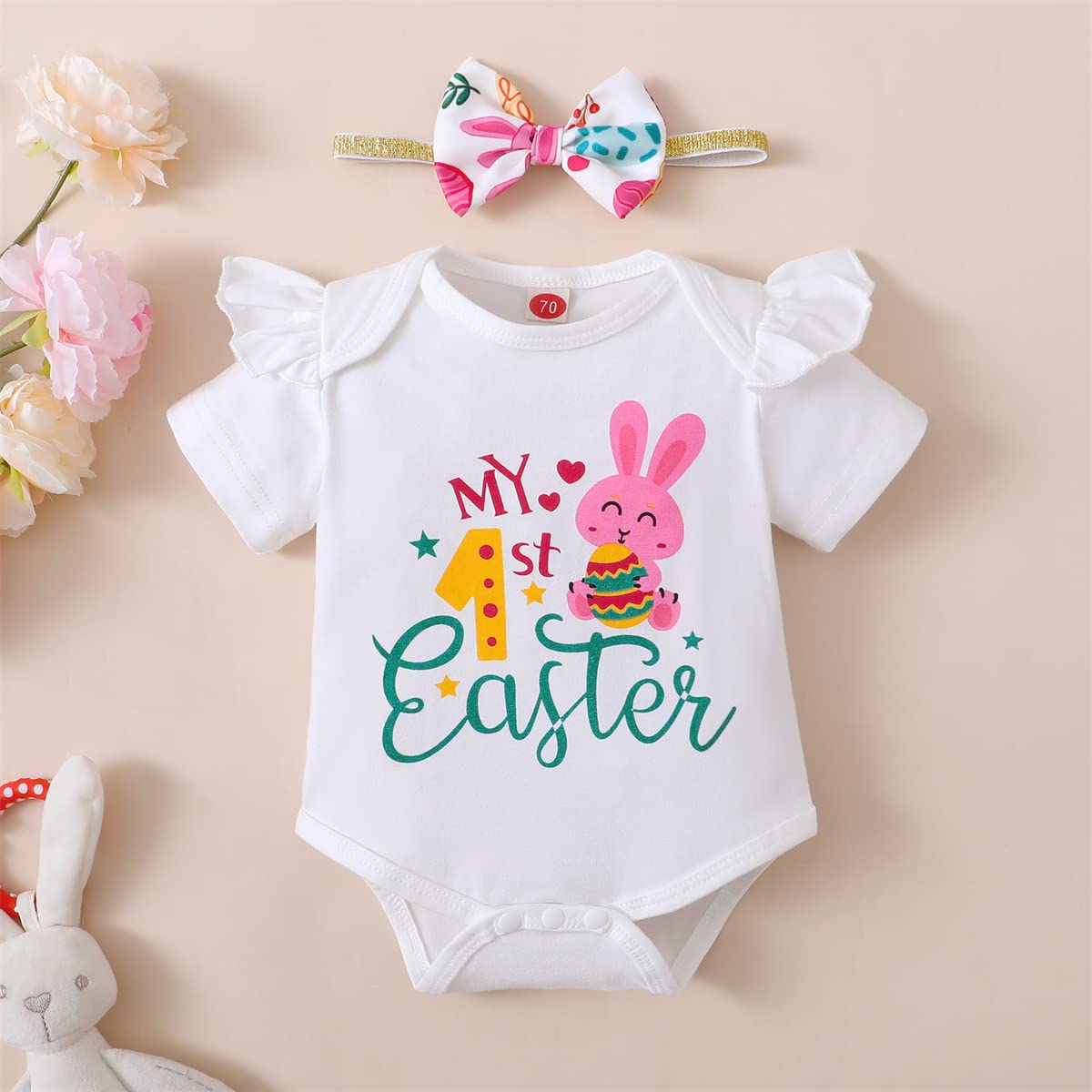 My First Easter Romper Outfit for Baby Girls - Rabbit Suspenders, Skirt & Headband Set - Newborn Photoshoot & Holiday Celebration