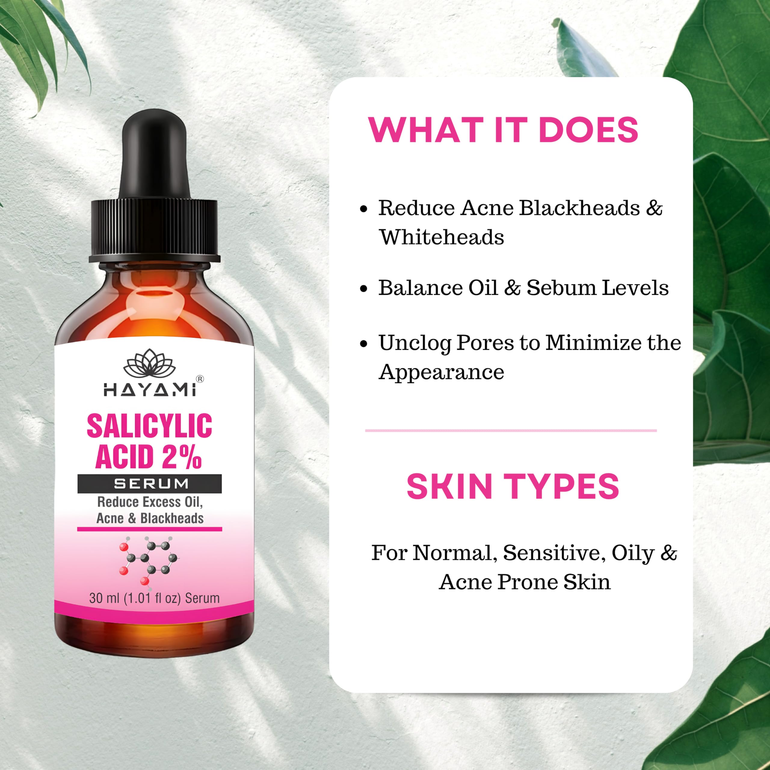 Hayami 2% Salicylic Acid Face Serum - Oil Control & Acne Treatment for Oily & Acne-Prone Skin - Reduces Blackheads, Excess Sebum & Prevents Breakouts - Perfect for Daily Skincare Routine & Blemish-Prone Skin Care