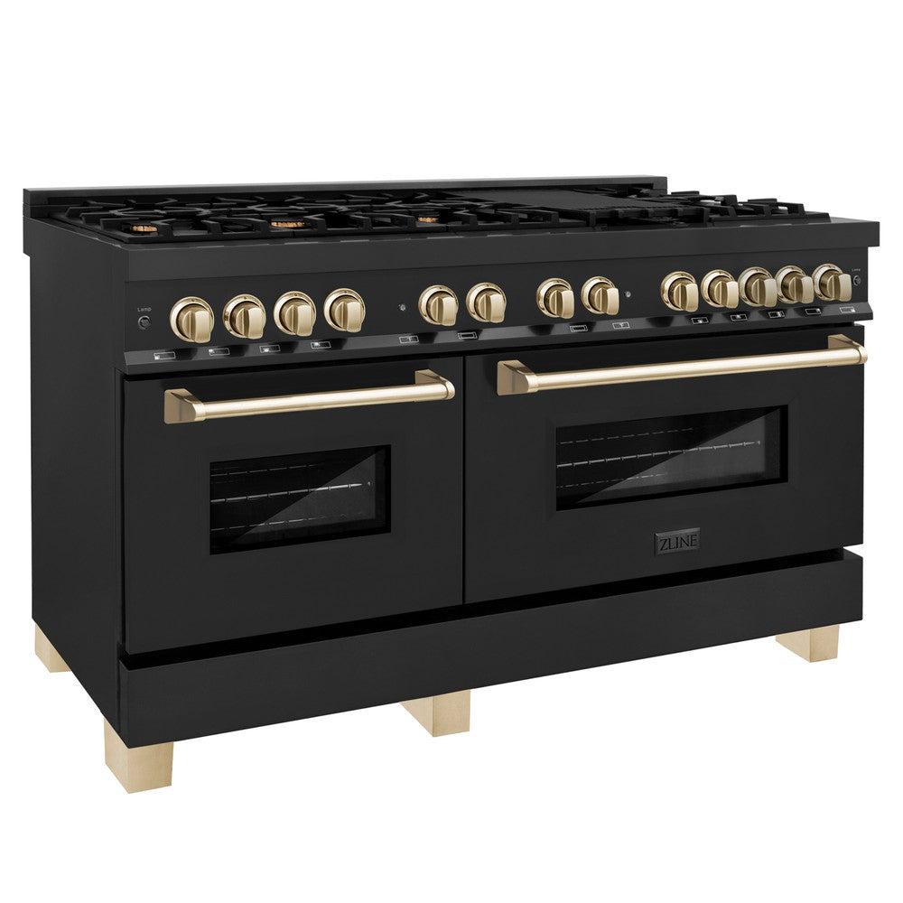 ZLINE Autograph Edition 60-Inch 7.4 cu. ft. Dual Fuel Range - 9 Burner Gas Cooktop & 2 Electric Convection Ovens - Black Stainless Steel with Polished Gold Accents (RABZ 60 G) | Professional Kitchen Appliance for Home Chefs & Culinary Enthusiasts
