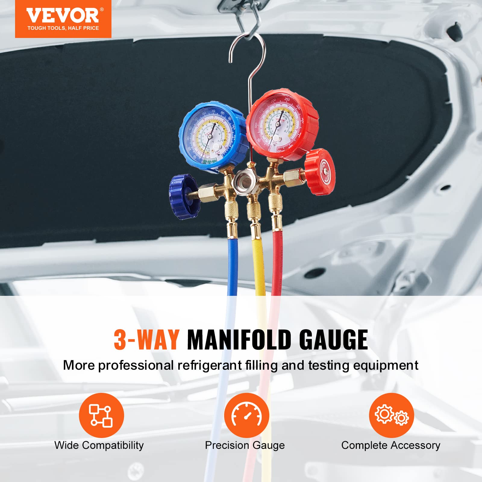 VEVOR 3-Way AC Manifold Gauge Set for R134A R22 R12 R502 Refrigerant - Professional Automotive Freon Charging Kit with 5ft Hoses, Couplers & Can Tap - Perfect for Car AC Repair, Maintenance and Evacuation