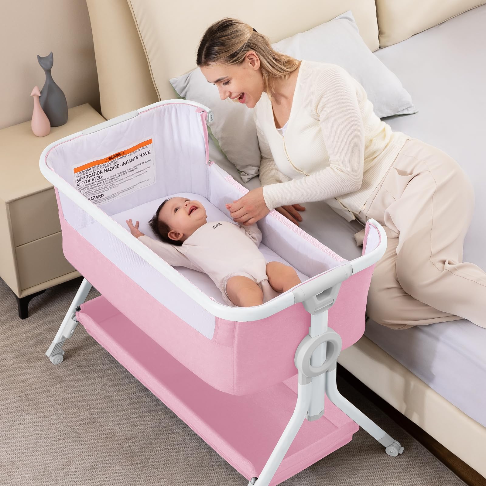Larex Adjustable Baby Bassinet Bedside Sleeper - Portable Crib with Storage Basket & Wheels for Newborns & Infants - Easy Fold Assembly (Pink) | Perfect for Nursery, Bedroom & Travel Use