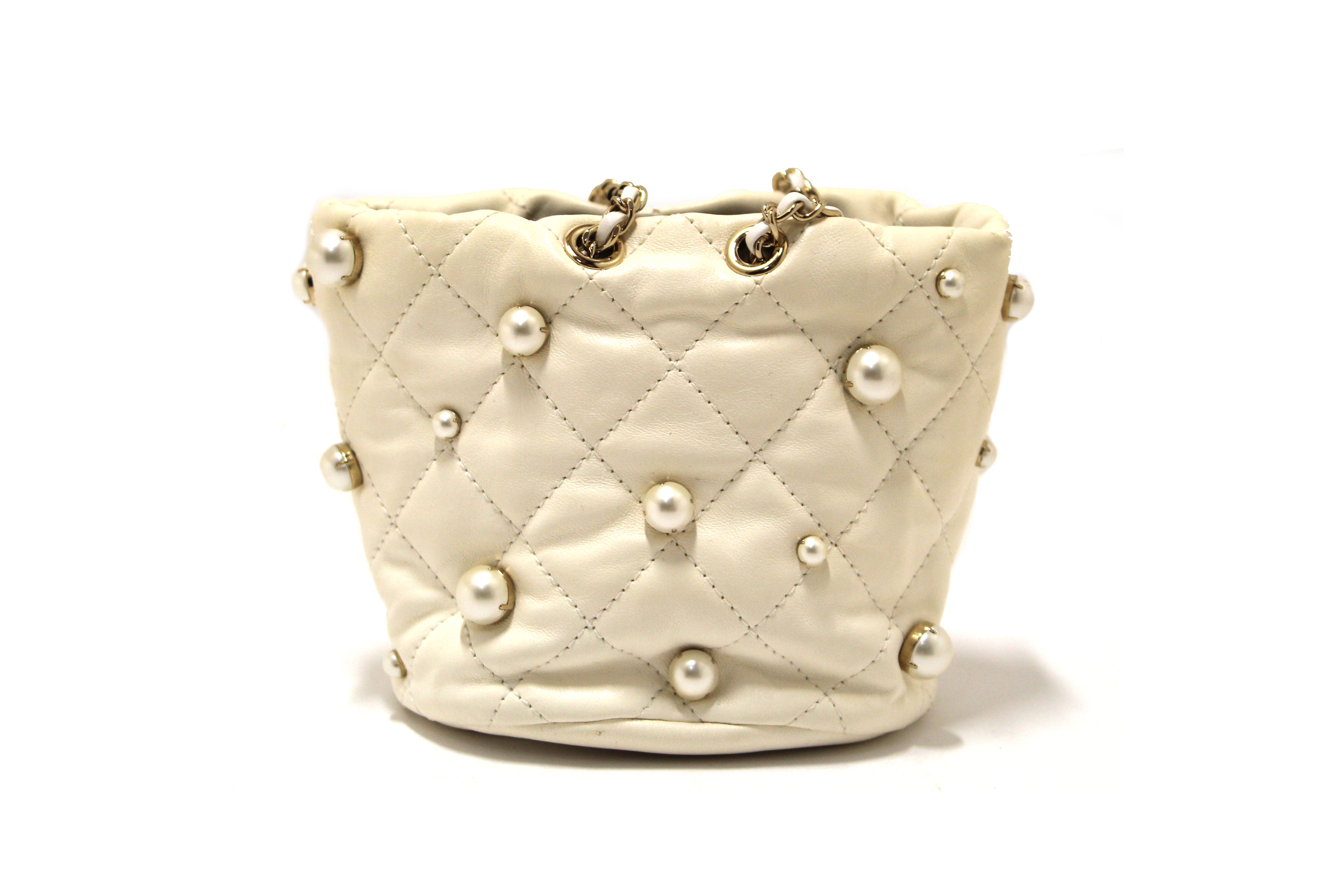 Authentic Chanel Quilted Lambskin Mini Drawstring Bucket Bag with Pearls - Luxury Designer Handbag for Women, Perfect for Parties, Dates & Special Occasions