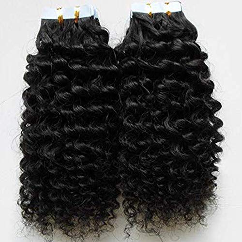Brazilian Remy Human Hair Extensions - 40pcs Deep Curly Tape in Skin Wefts (10inch, 1B Natural Black) | Invisible Hair Weft for Volume & Length | Perfect for Parties, Weddings & Everyday Styling