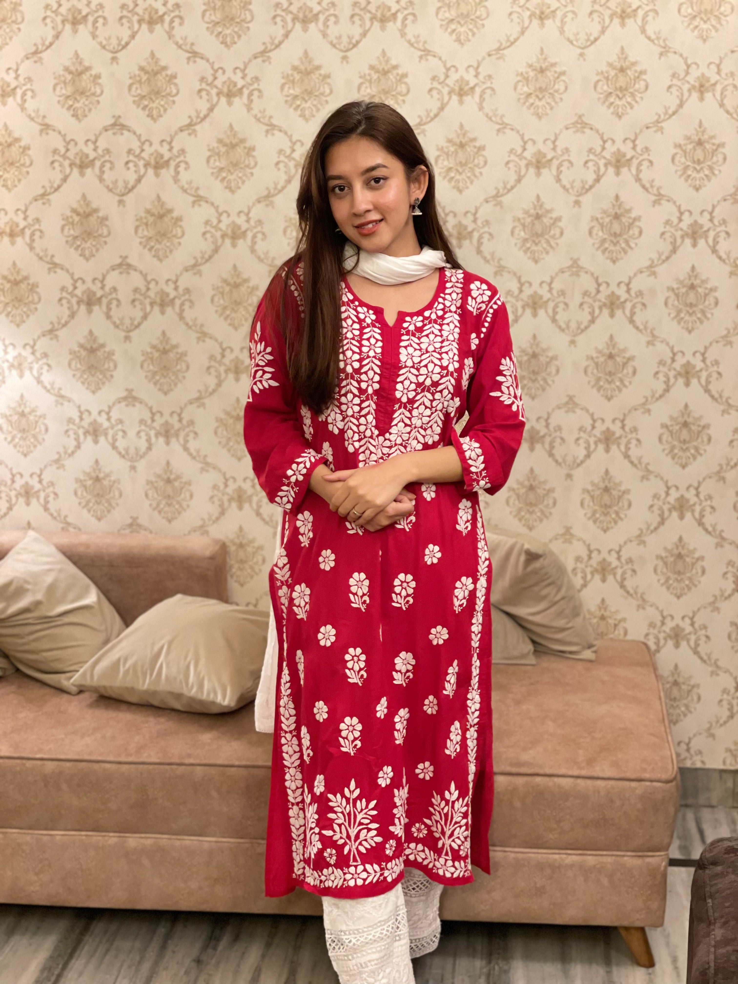Premium Hand Embroidered Chikankari Kurta for Women - Red Modal Cotton Indian Tunic Top - Perfect for Festivals, Weddings & Casual Wear