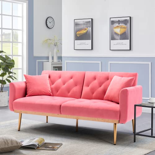 Velvet Futon Sofa Bed with Rose Gold Metal Feet - Convertible Accent Loveseat Recliner Couch, Folding Split Back Design & 2 Pillows - Perfect for Small Spaces, Living Room, Dorm, Apartment & Studio - Soft Peach Velvet Fabric for Cozy Lounging & Guest Sleeping
