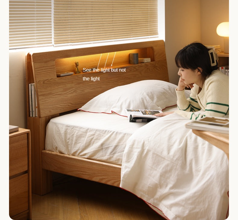 Solid Oak and Beech Wood Bed with Built-in LED Lights and Bookshelf - Modern Bedroom Furniture for Small Spaces, Lofts, and Studio Apartments