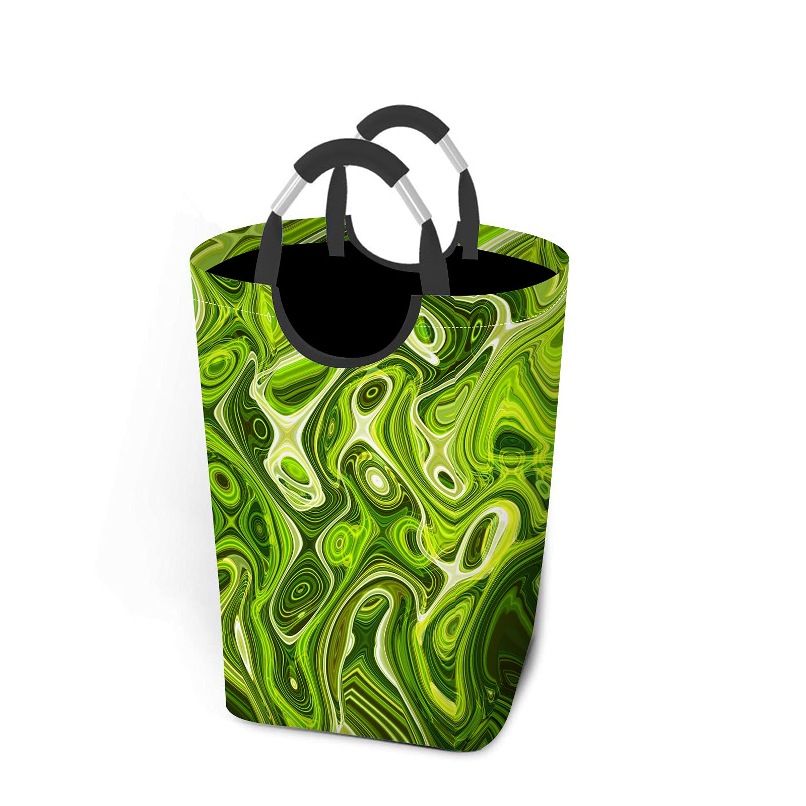Beabes Folding Laundry Hamper with Aluminum Handle - Geometric Swirl Pattern Storage Basket for Bathroom, Dorm, Closet - Green Square Design | Space-Saving & Stylish Organization Solution