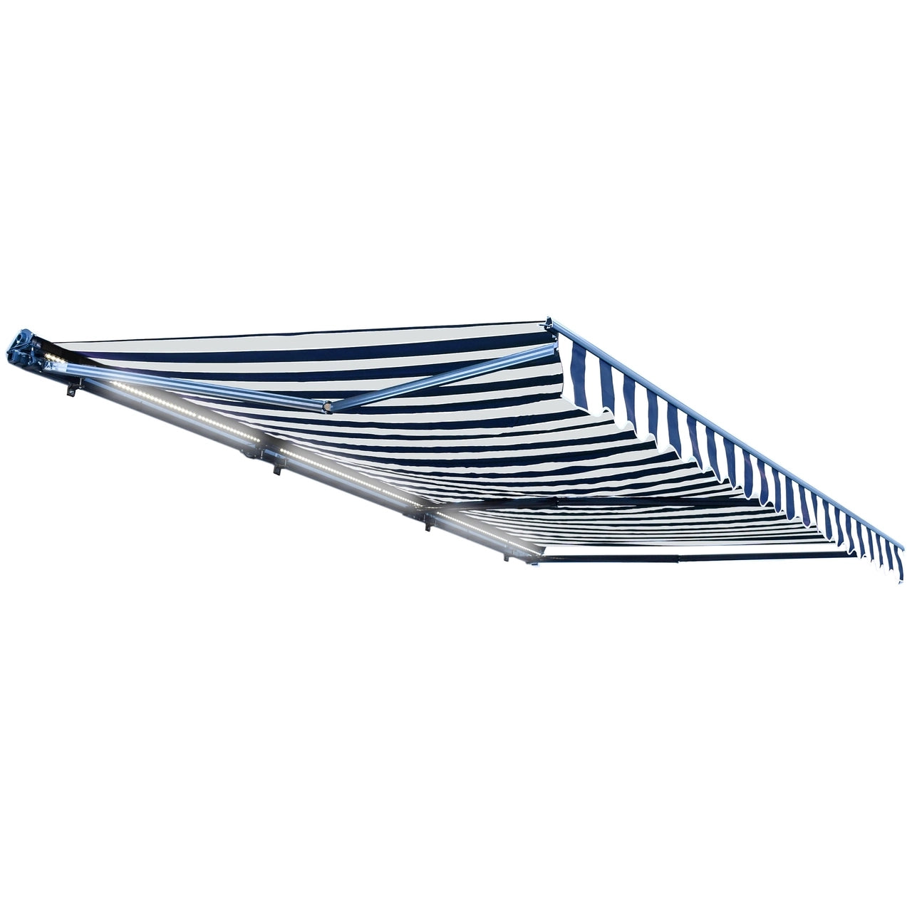 Aleko 20x10 Feet Half Cassette Motorized Retractable LED Patio Awning - Blue and White Stripes for Outdoor Shade and Relaxation