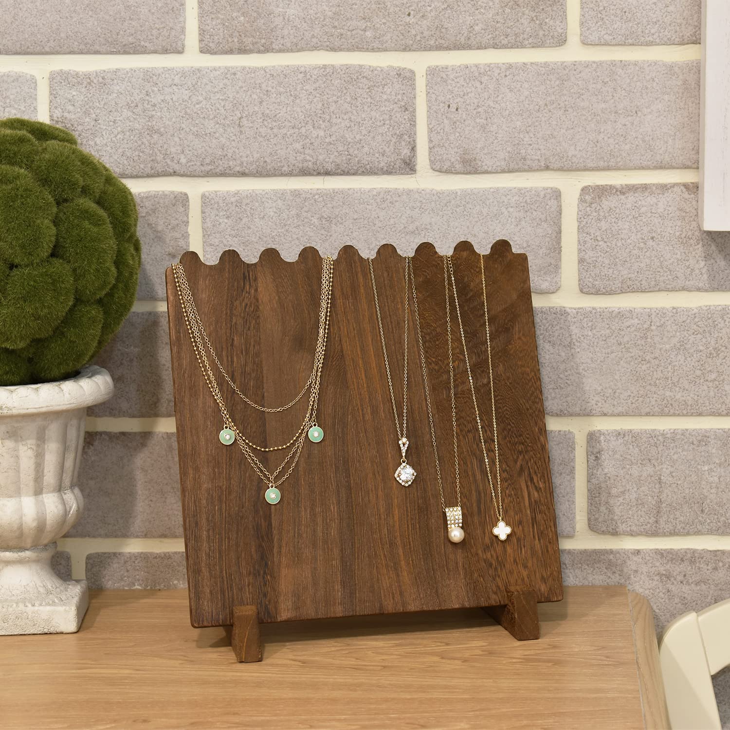 MOOCA 8-Slot Wooden Necklace Stand - Portable Jewelry Display Organizer for Necklaces, Bracelets & Rings - Compact Jewelry Storage Holder for Travel, Home, or Boutique - Brown Wood Plank Design