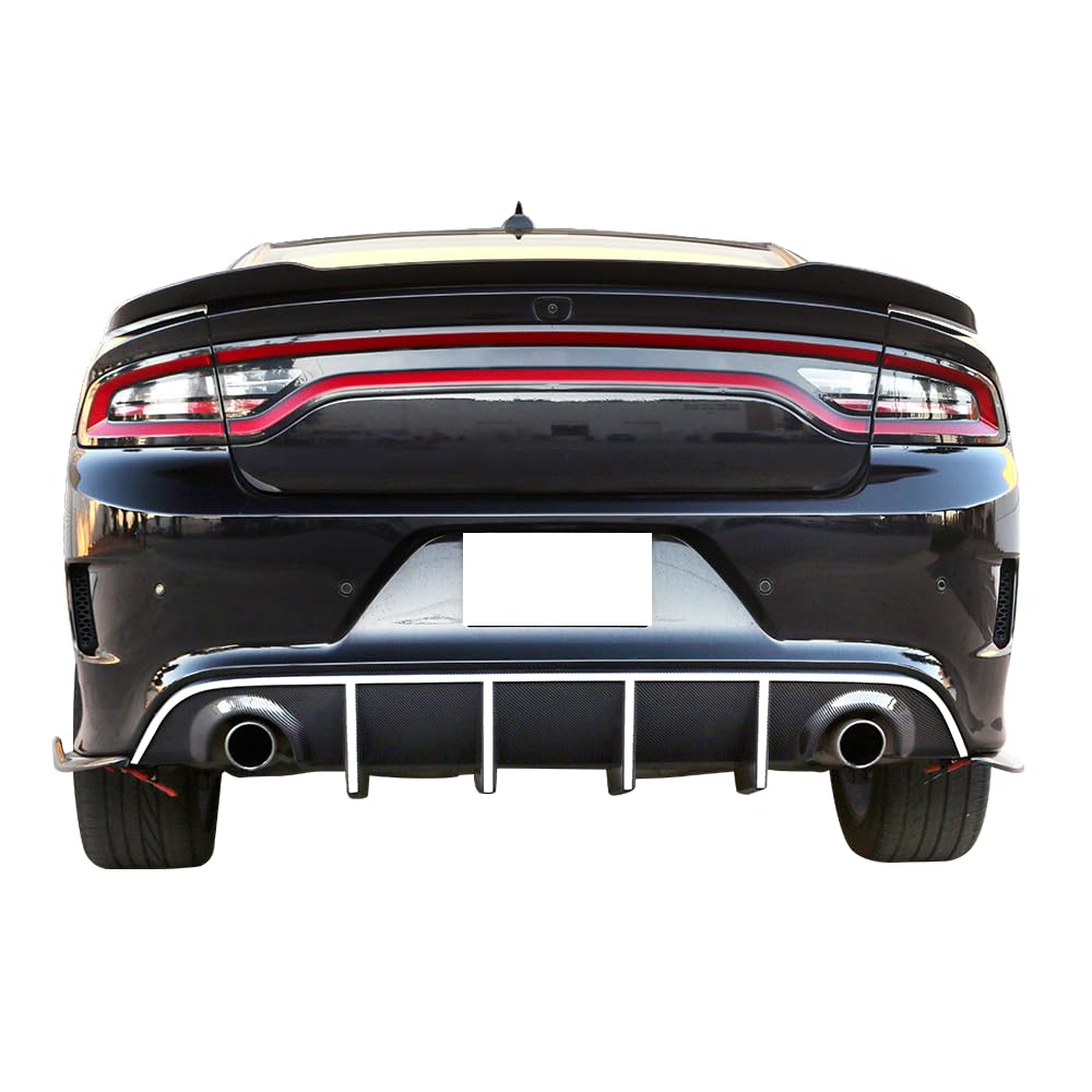 IKON MOTORSPORTS Bumper Lip Spoiler for 2015-2023 Dodge Charger SRT - Factory Style Rear Diffuser with White Reflective Tape - Enhances Aerodynamics & Sporty Look for Street Racing & Car Shows