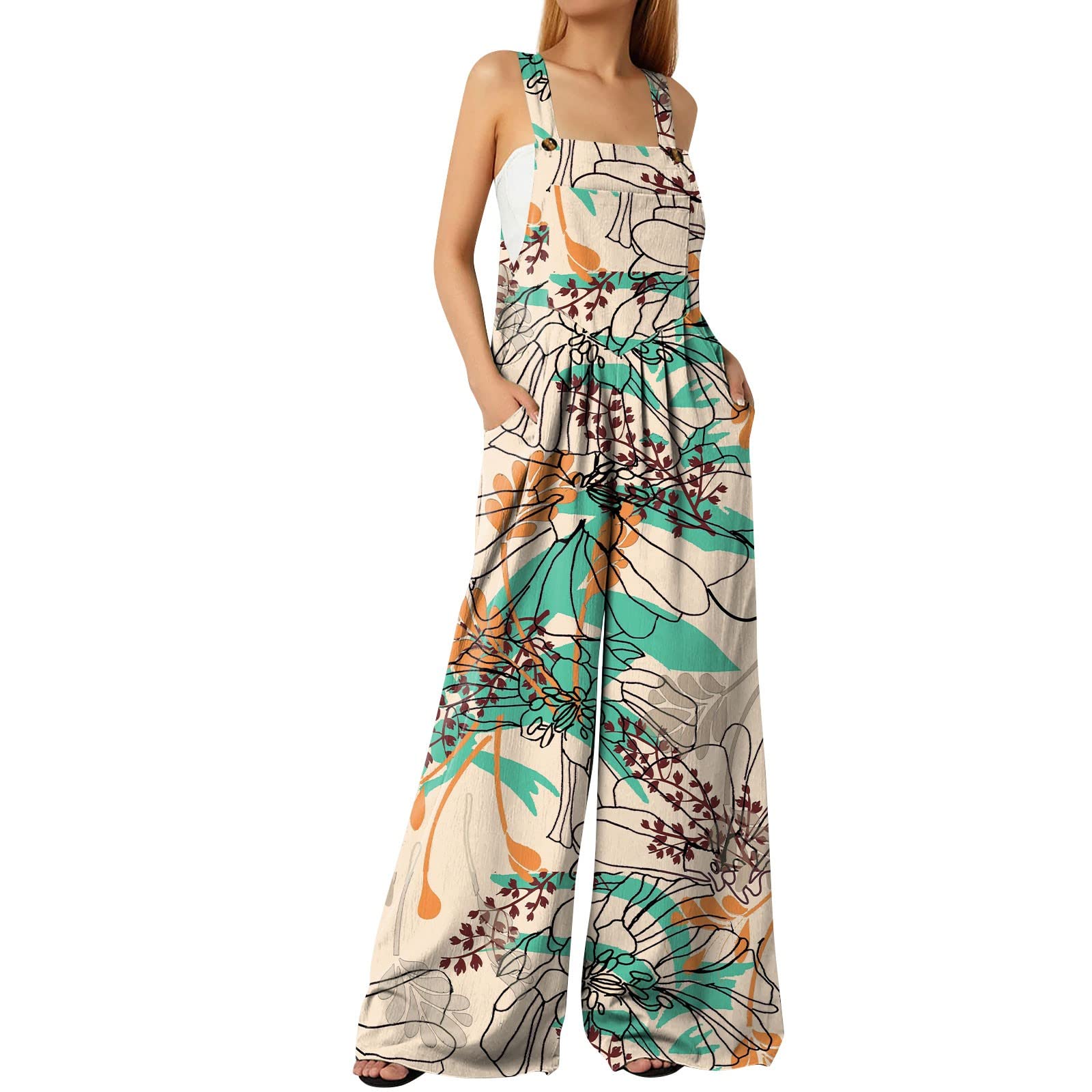 Women's Casual Print Button Long Pant Romper Jumpsuit with Pockets - Stylish Overalls for Everyday Wear, Work, and Outdoor Activities
