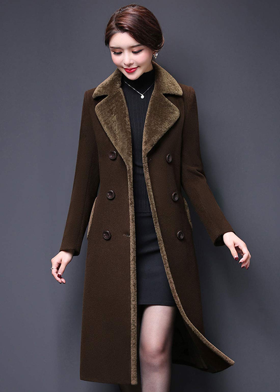Ebossy Women's Double Breasted Fleece Lapel Wool Blend Winter Coat - Warm Long Overcoat for Office, Dating & Outdoor Activities