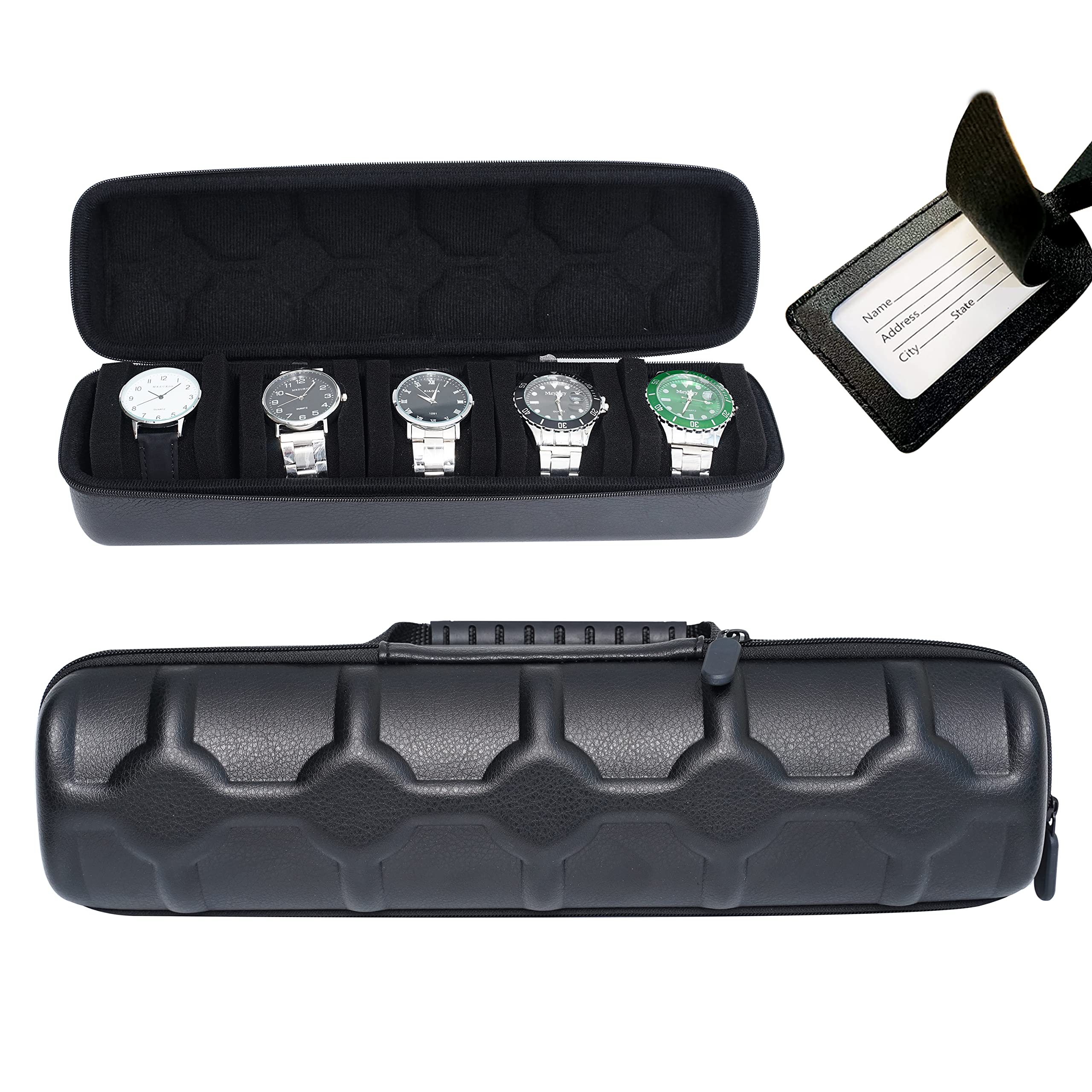 5-Slot PU Watch Travel Case for Men - Durable Storage with Soft Pillows for Small & Large Watches - Perfect for Travel & Business Trips