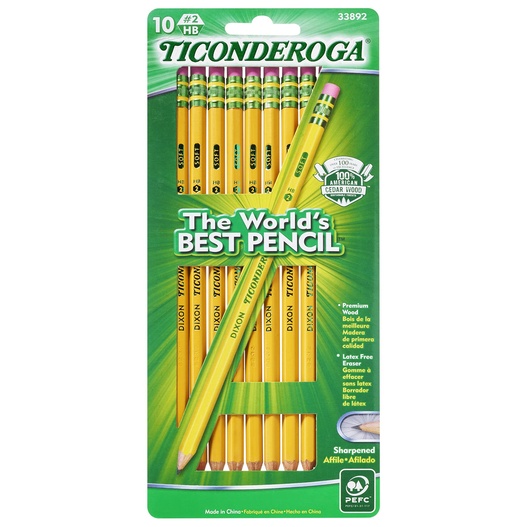 TICONDEROGA Wood-Cased #2 HB Soft Pencils - Pre-Sharpened, Yellow, 10 Count (X33892) - Perfect for School, Office & Standardized Tests