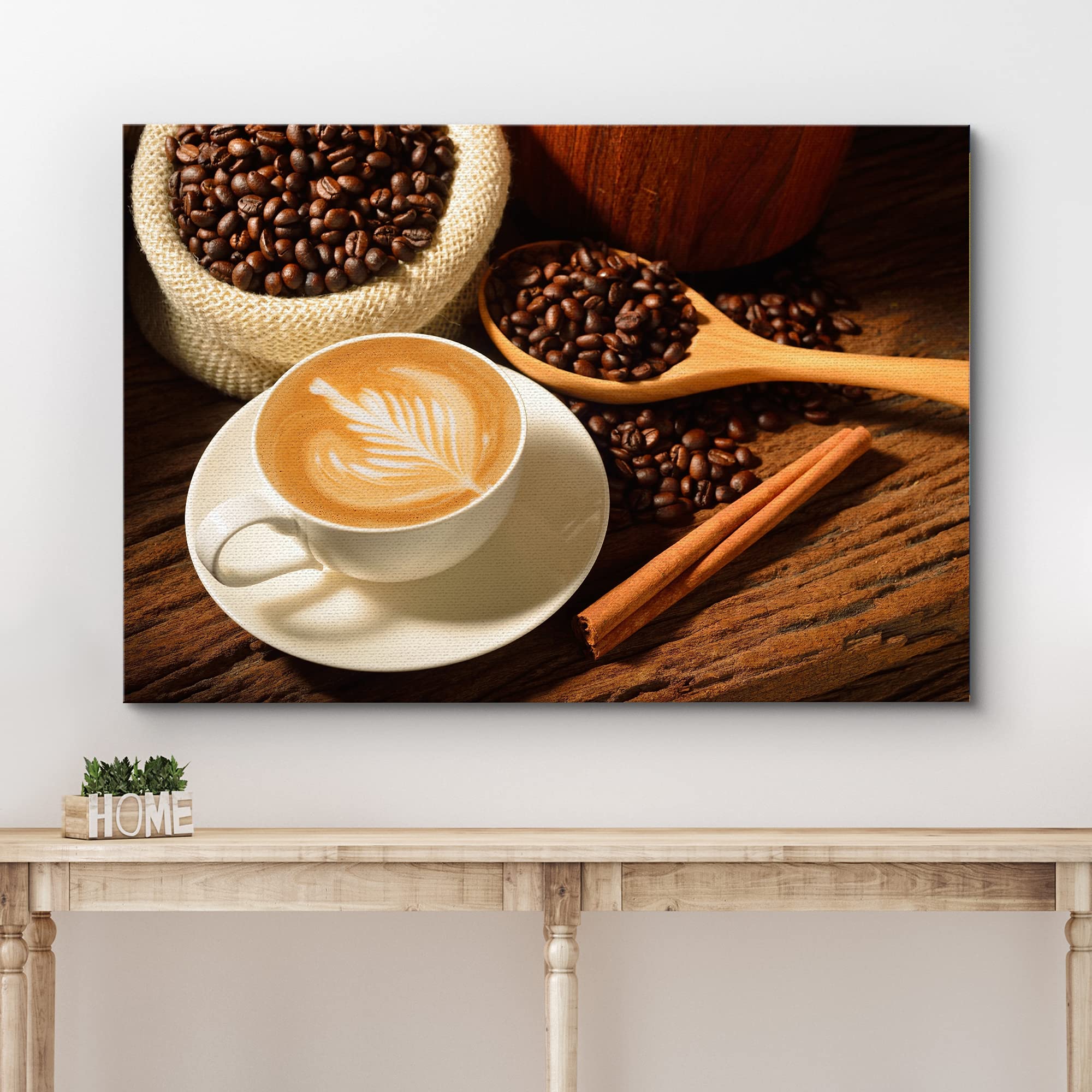 Modern Coffee Wall Art - Stretched Canvas Print of Cafe Latte & Coffee Beans | 12