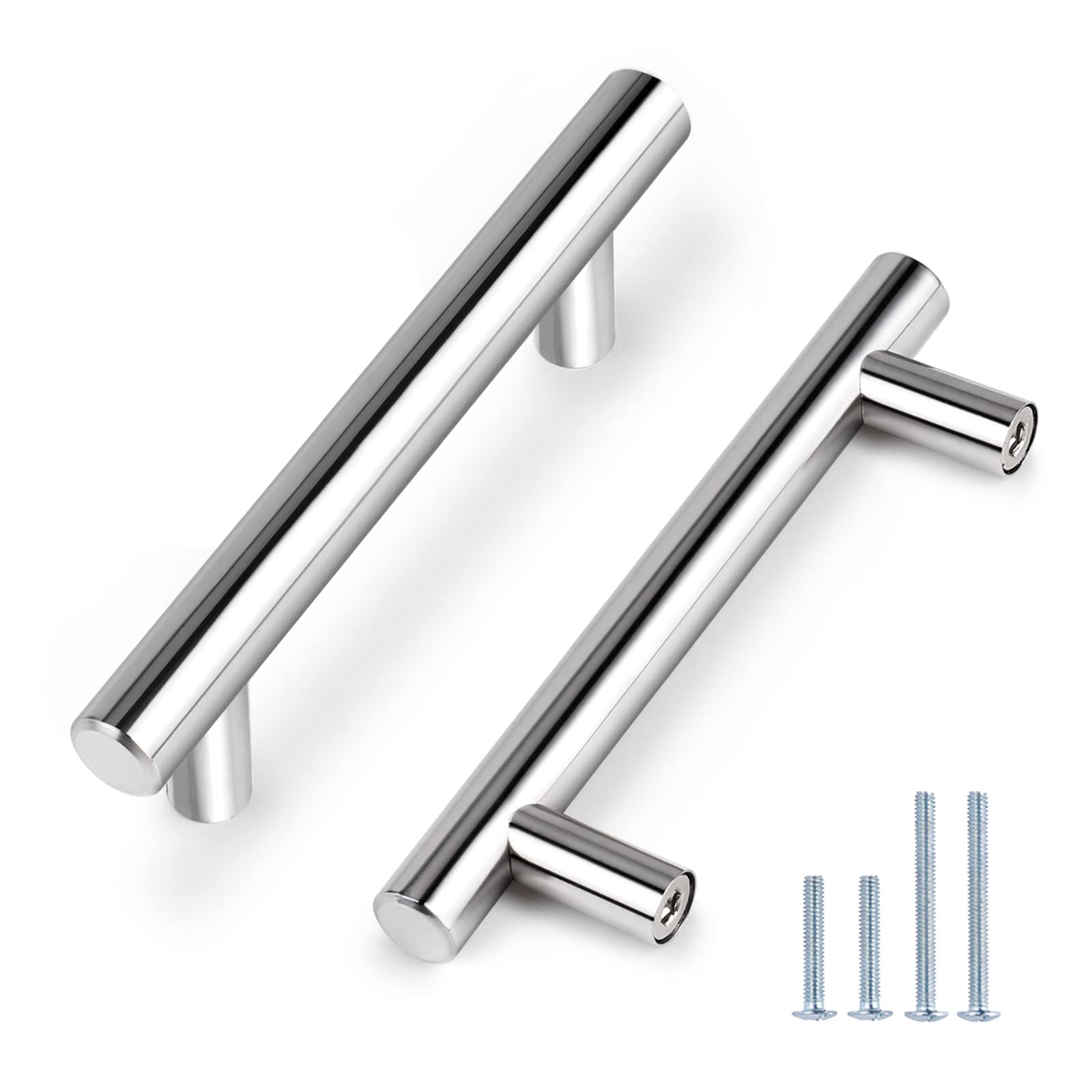 Probrico 12 Pack Polished Chrome Cabinet Handles - Stainless Steel Euro Bar Pulls for Kitchen & Dresser (3-1/2 inch Hole to Hole, 6 inch Length) | Modern T-Bar Design for Cabinets, Drawers & Furniture