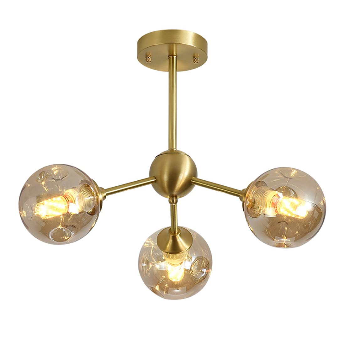 Vintage Mid Century Sputnik Chandelier - 3-Light Flush Mount Ceiling Fixture in Brushed Brass with Amber Glass Shades - Modern Black Ceiling Light for Bedroom, Living Room, Dining Room & Farmhouse Decor - Energy Efficient LED Compatible Lighting Solution