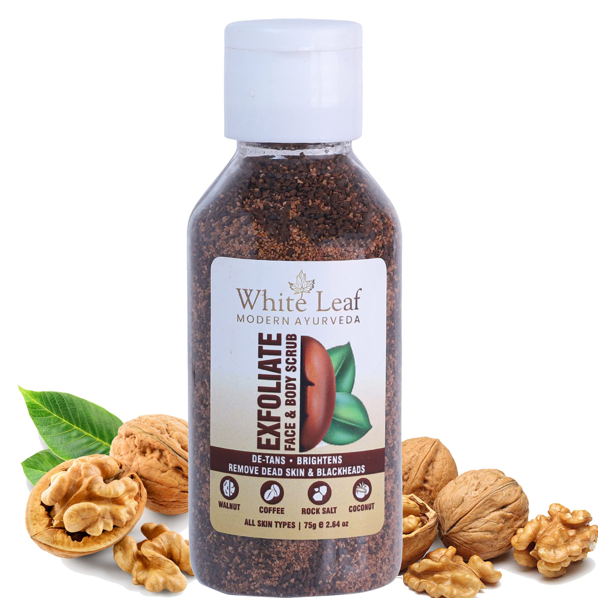 White Leaf Exfoliating Walnut Scrub 75g (Pack of 3) - Coffee & Coconut Face & Body Scrub for Dead Skin Removal, Tan Reduction, Blackhead Treatment - Deep Cleansing for Pollution-Free Skin - Perfect for Daily Skincare Routine & Spa Days
