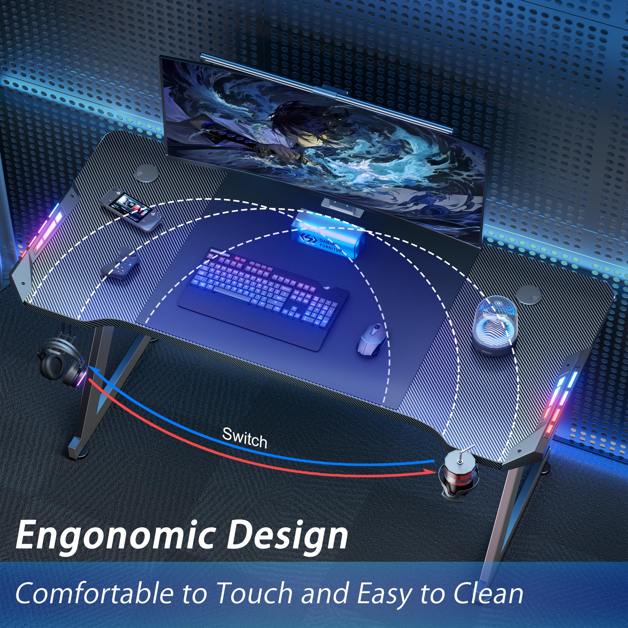 HLDIRECT 55 Inch LED Gaming Desk with Carbon Fiber Surface - Ergonomic Computer Desk for PC Gaming & Home Office - Includes Headphone Hook & Cup Holder - Perfect for Esports, Streaming & Remote Work (Black)