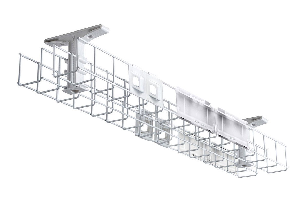 DPG Cable Management Basket with Back-to-Back Metal Tray - Includes 2 Power Plates & 4 Data Bezels | Perfect for Office & Home Desk Organization