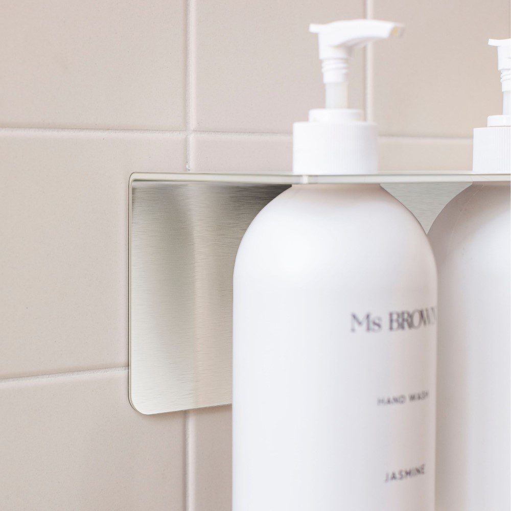 Brushed Steel Wall Shelf with Dual Soap Dispenser Holder - 40cm Modern Bathroom Organizer for Shower, Kitchen, or Vanity Storage