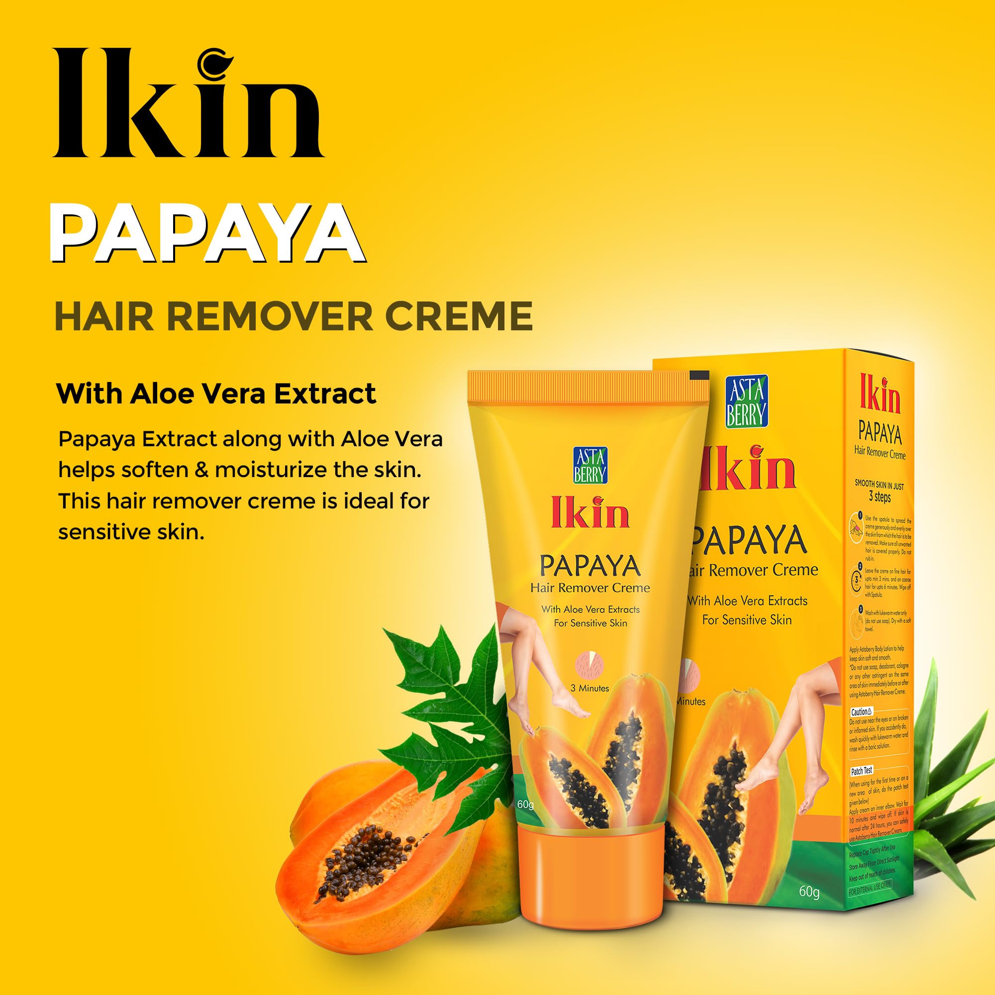 Ikin Papaya Hair Removal Cream for Sensitive Skin - Gentle Bikini & Body Hair Remover for Women & Girls (2 Pack, 60g Each) | Painless Depilatory Cream for Smooth Skin at Home or Travel