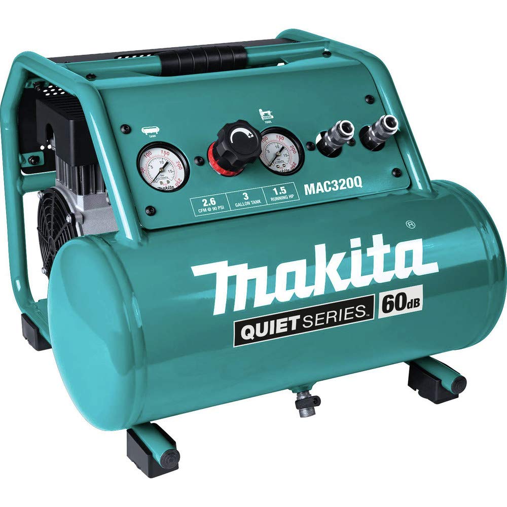 Makita MAC320Q Quiet Series 1.5 HP 3 Gallon Oil-Free Electric Air Compressor - Powerful & Portable for Home DIY, Woodworking, and Inflating Tires