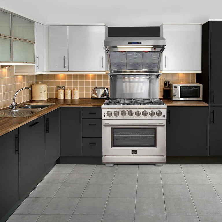 36 Inch Gas Range with Wall Mount Range Hood - Forno Appliance Package for Professional Kitchen & Home Cooking | Perfect for Baking, Roasting & Grilling