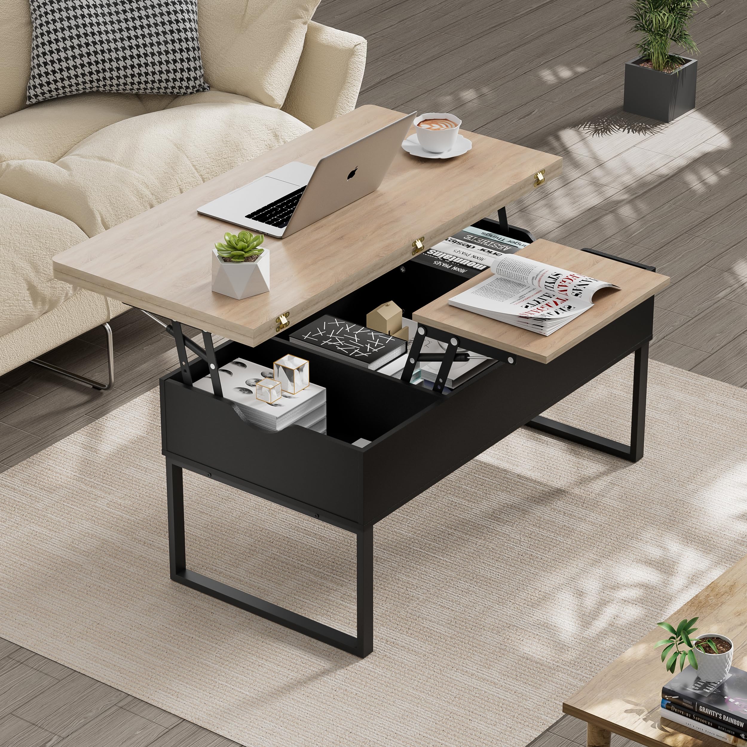JoliJour Modern Lift-Top Coffee Table with Hidden Storage Compartment - Industrial Brown Living Room & Bedroom Side Table | Perfect for Small Spaces, Entertaining Guests, and Storing Remote Controls