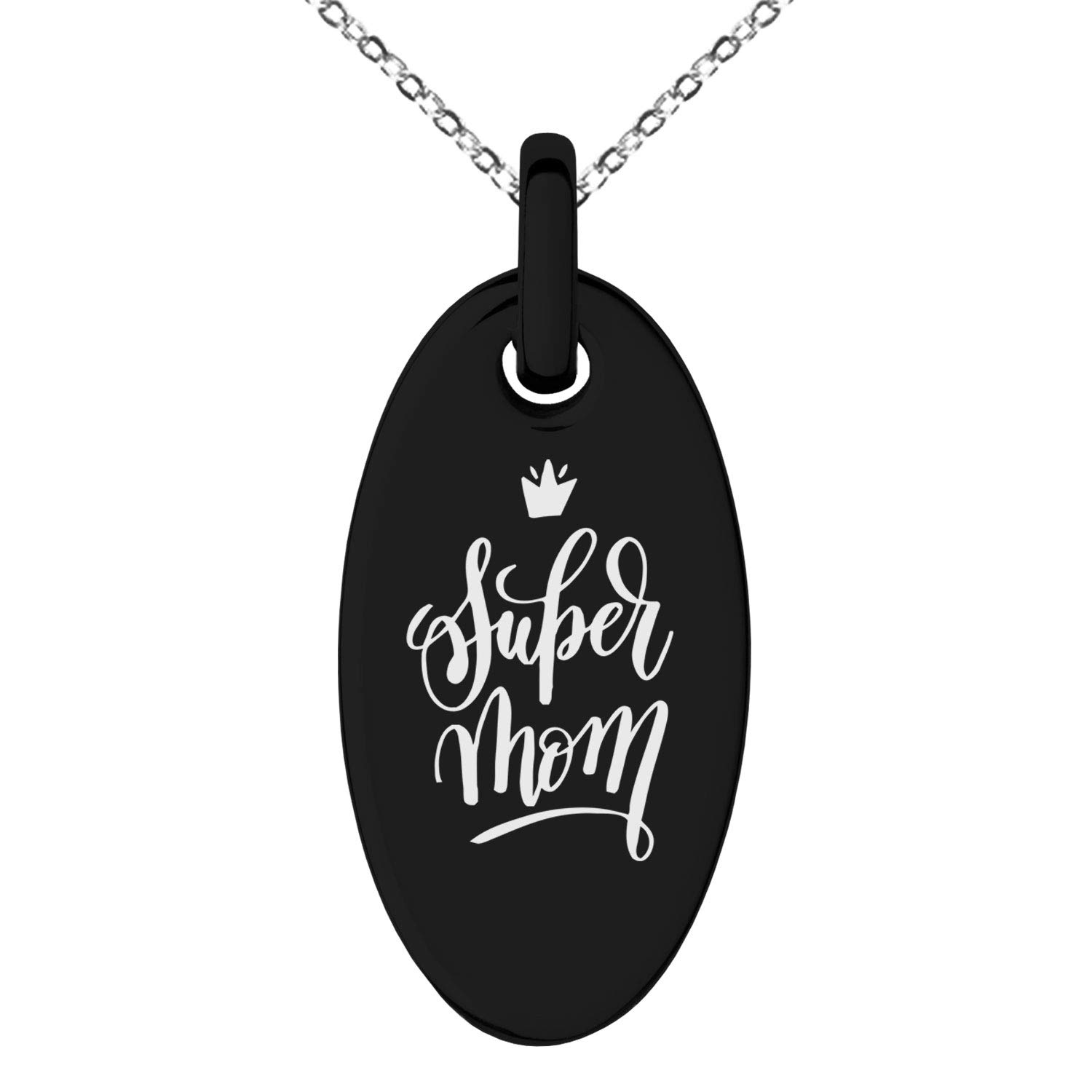 Stainless Steel Super Mom Small Oval Charm Pendant Necklace - Elegant Gift for Mother's Day, Birthday & Anniversary - Perfect for Everyday Wear & Special Occasions