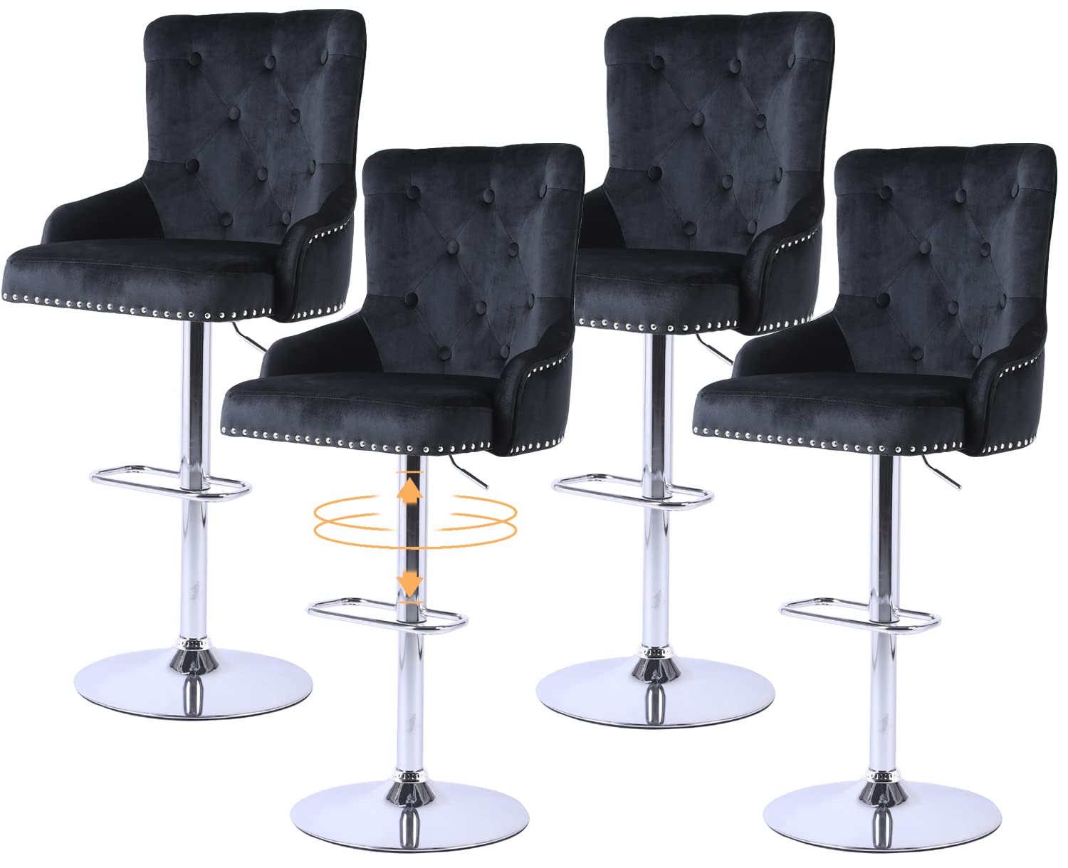 4-Pack Black Fabric Bar Stools with Adjustable Height, Swivel & Back Support - Modern Kitchen Counter Stools for Dining, Breakfast Nook & Home Bar Decor