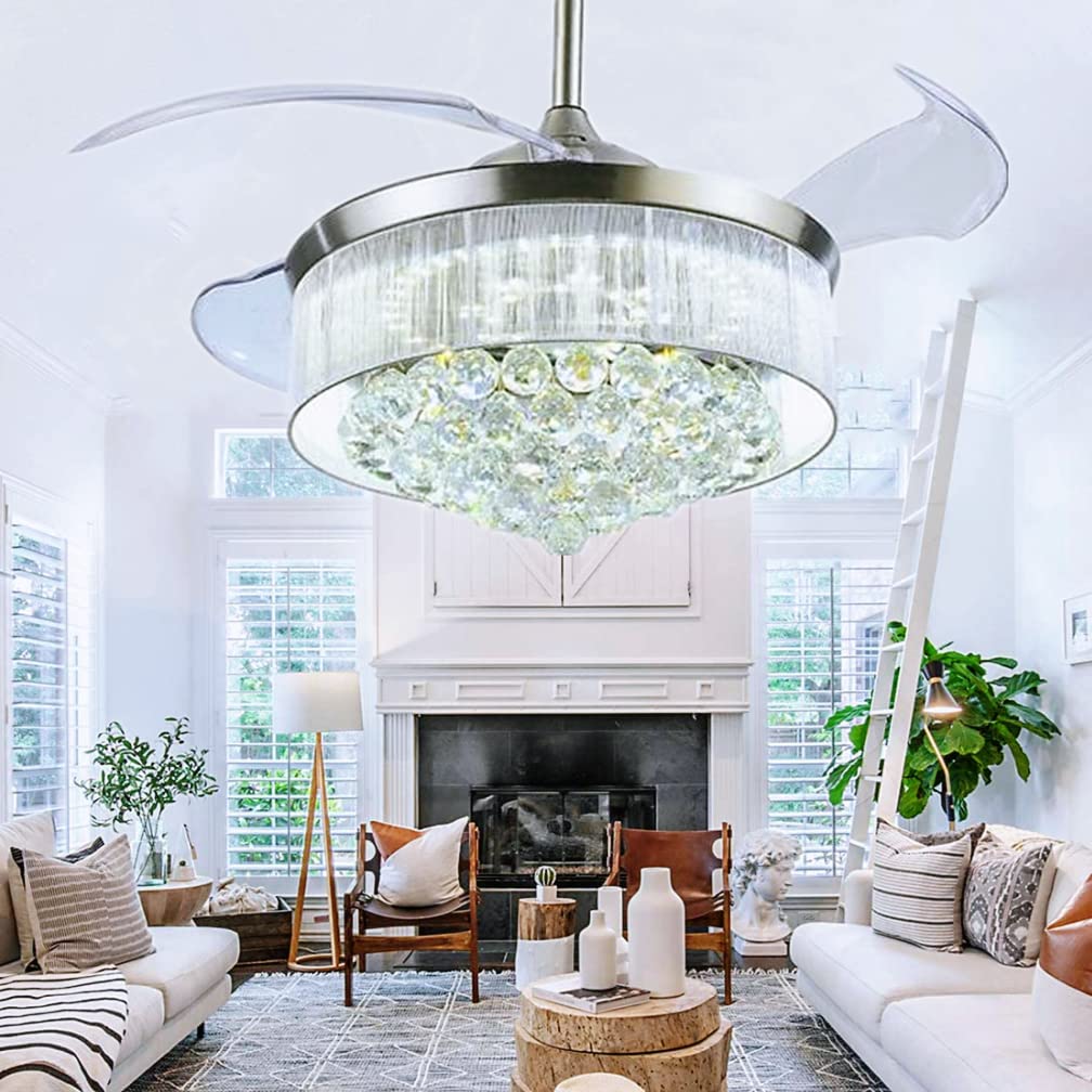 RuiWing 42 Inch Modern Silver Ceiling Fan with Light - Remote Control Retractable 4-Blade Chandelier, 3 Color Lights & 3 Speed Settings, Ultra Quiet for Bedroom, Living Room, Dining Room | Perfect for Home Cooling and Stylish Interior Decor