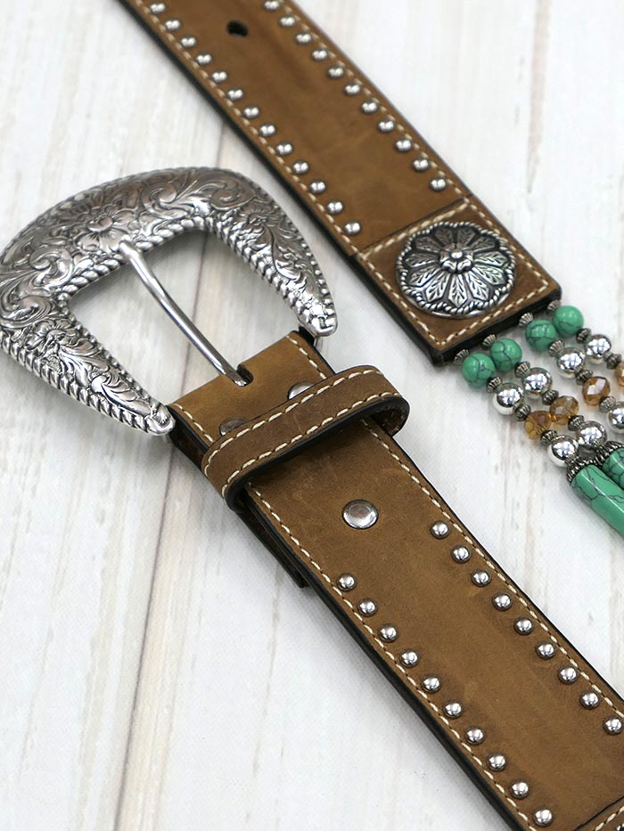 Nocona N3412744 Women's Beaded Floral Concho Western Belt - Brown Leather Cowgirl Belt for Western Outfits & Rodeo Events