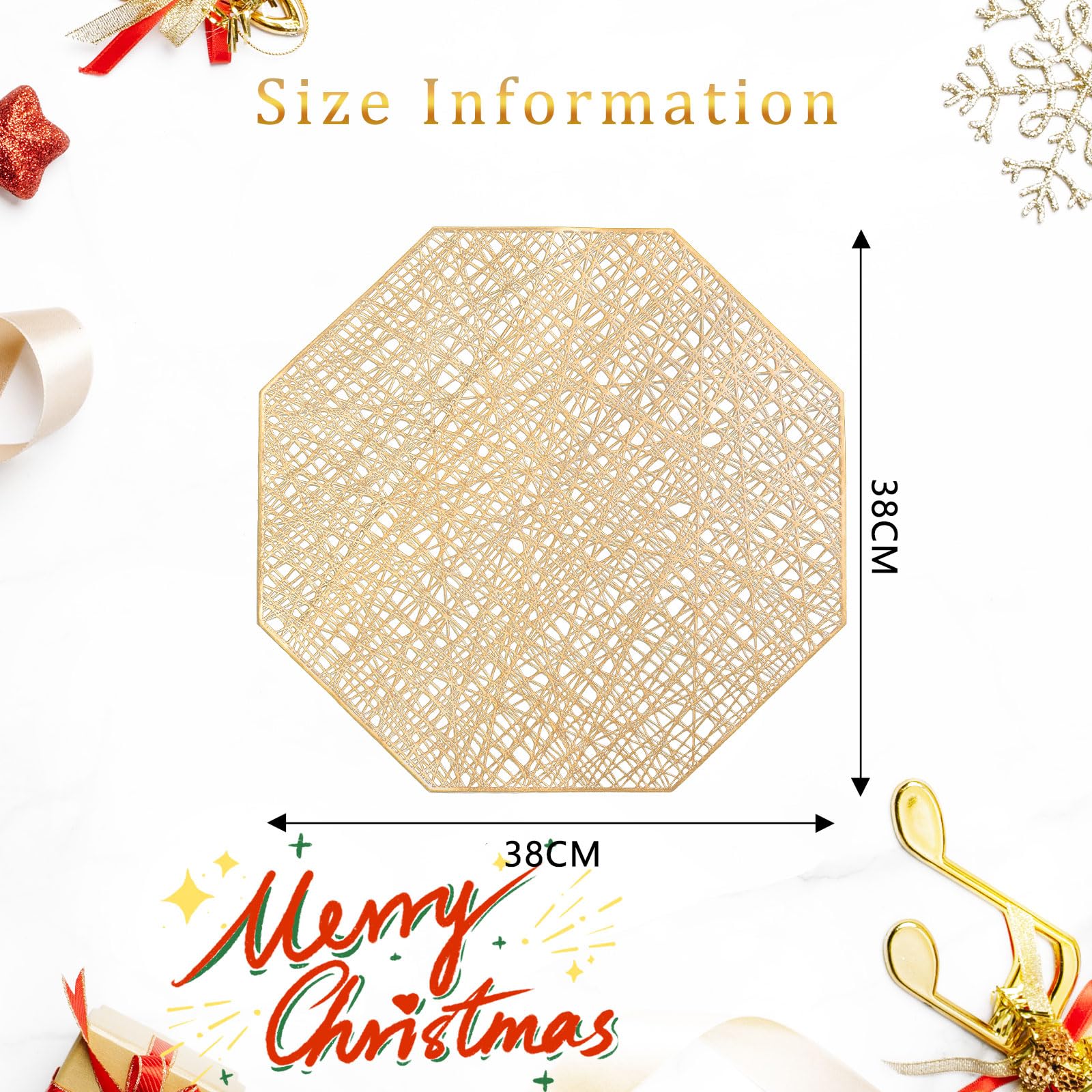 Homcomoda Octagonal Non-Slip Placemats Set of 6 - Gold Dining Table Mats for Everyday Meals & Dinner Parties